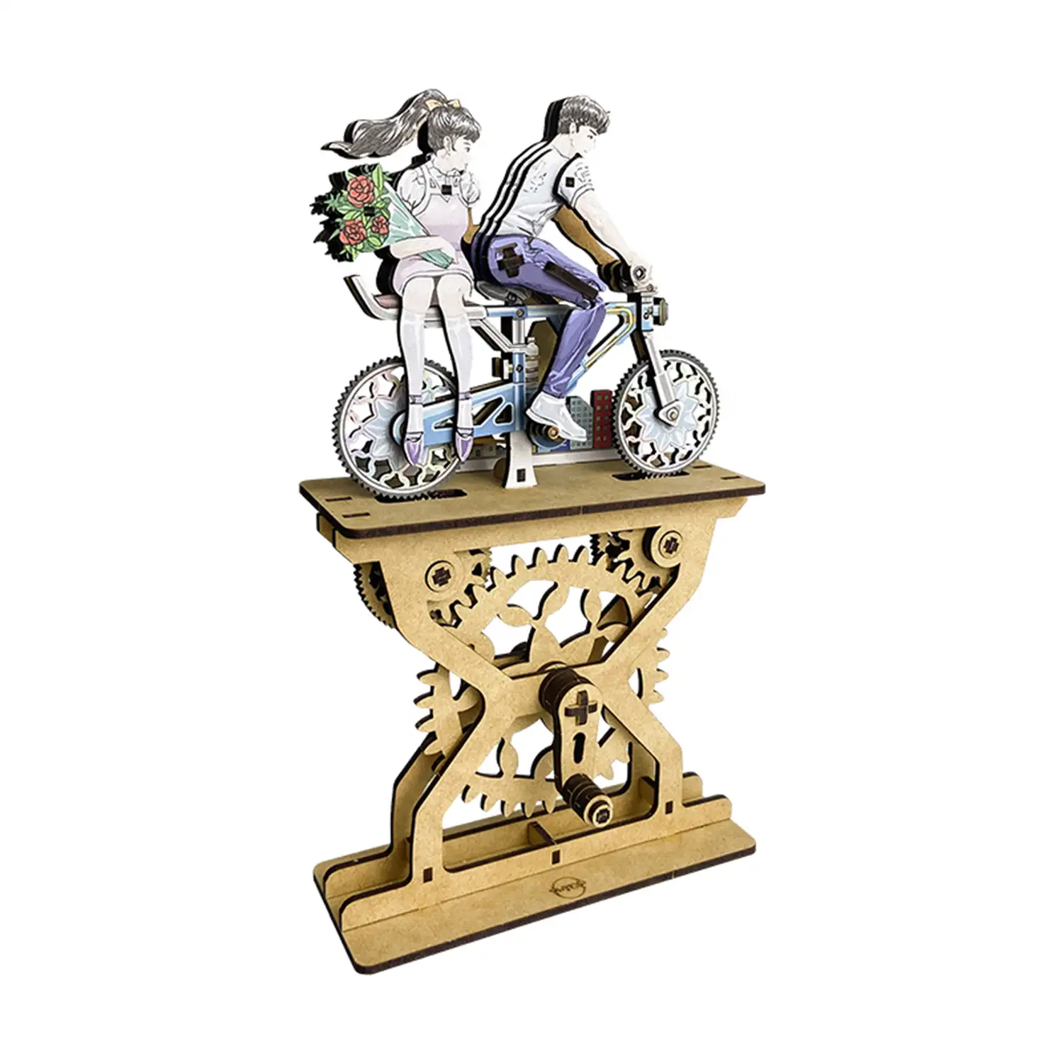Maqueta de Madera 3D, con movimiento mecánico diseño de Amantes de la bicicleta en color - Pareja. 109 piezas.