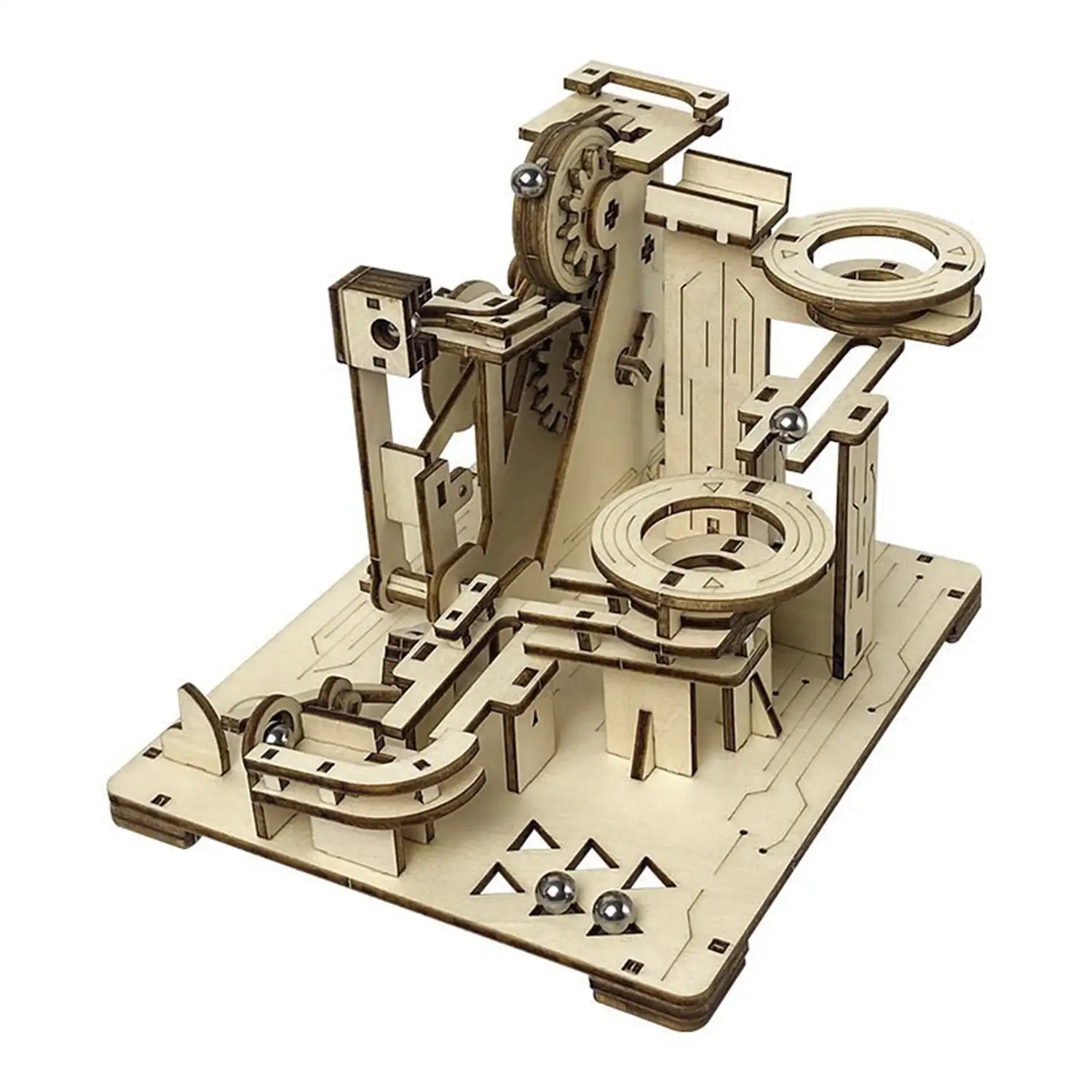 Maqueta de Madera 3D, con movimiento mecánico diseño de Bolas de Piedra en Espiral. 153 piezas.
