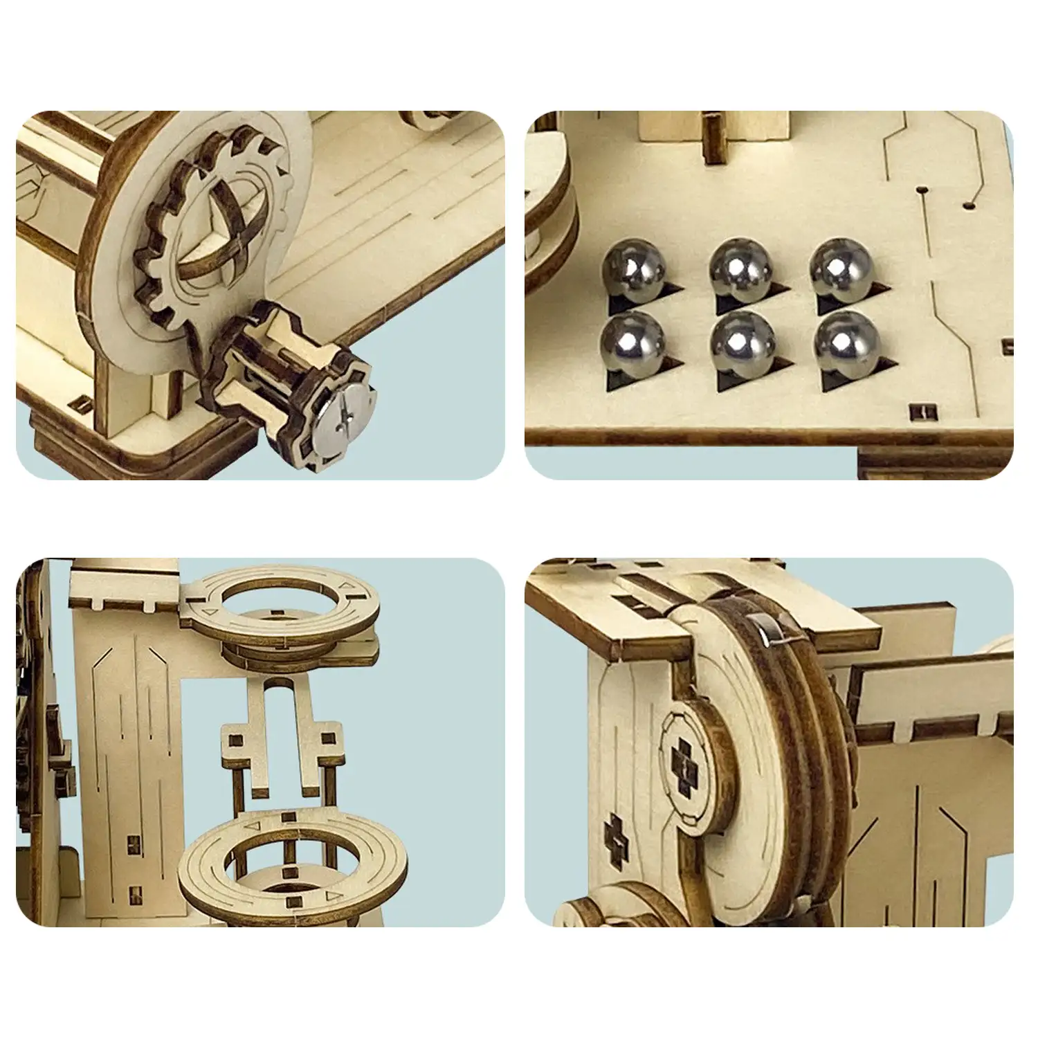 Maqueta de Madera 3D, con movimiento mecánico diseño de Bolas de Piedra en Espiral. 153 piezas.