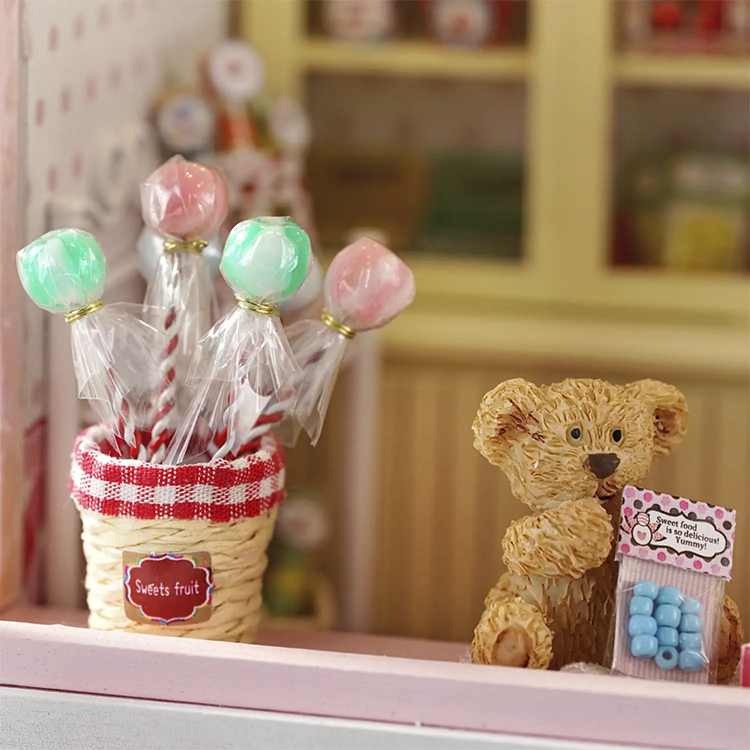 Tienda de dulces. Maqueta 3D con diseño de panel de puerta abierta, realista con gran detalle y luces led.