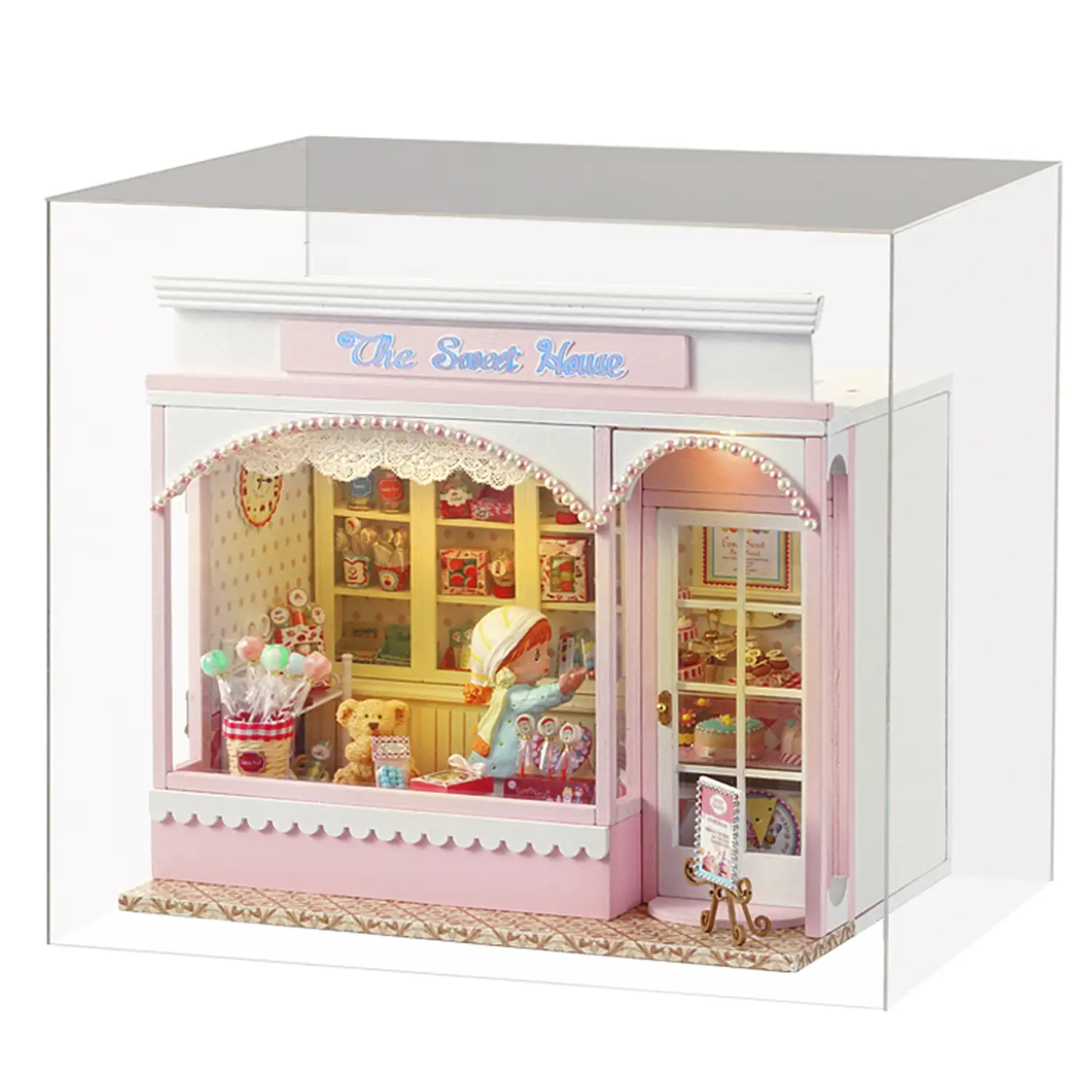 Tienda de dulces. Maqueta 3D con diseño de panel de puerta abierta, realista con gran detalle, cubierta antipolvo y luces led.