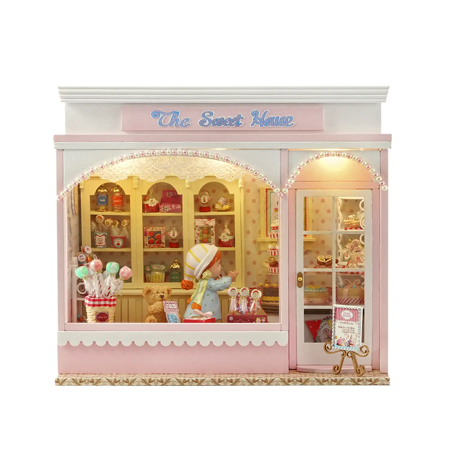 Tienda de dulces. Maqueta 3D con diseño de panel de puerta abierta, realista con gran detalle, cubierta antipolvo y luces led.