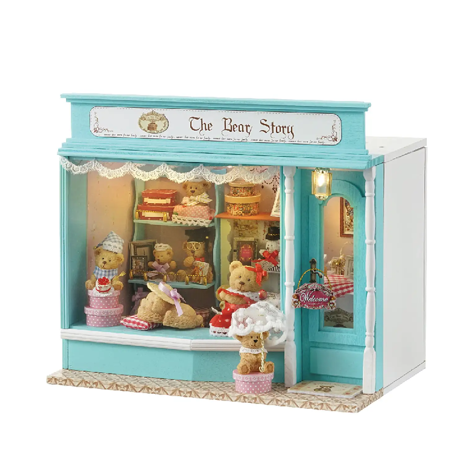 Tienda La historia del Oso. Maqueta 3D con diseño de panel de puerta abierta, realista con gran detalle y luces led.