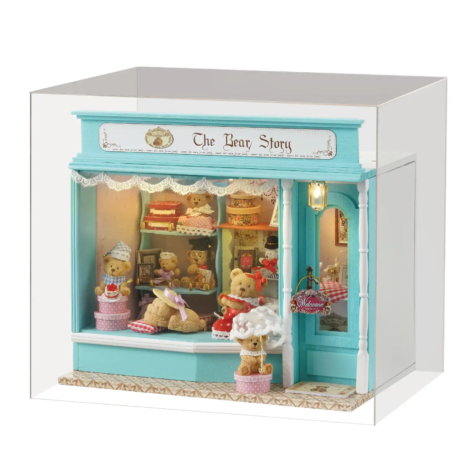 Tienda La historia del Oso. Maqueta 3D con diseño de panel de puerta abierta, realista con gran detalle, cubierta antipolvo y luces led.