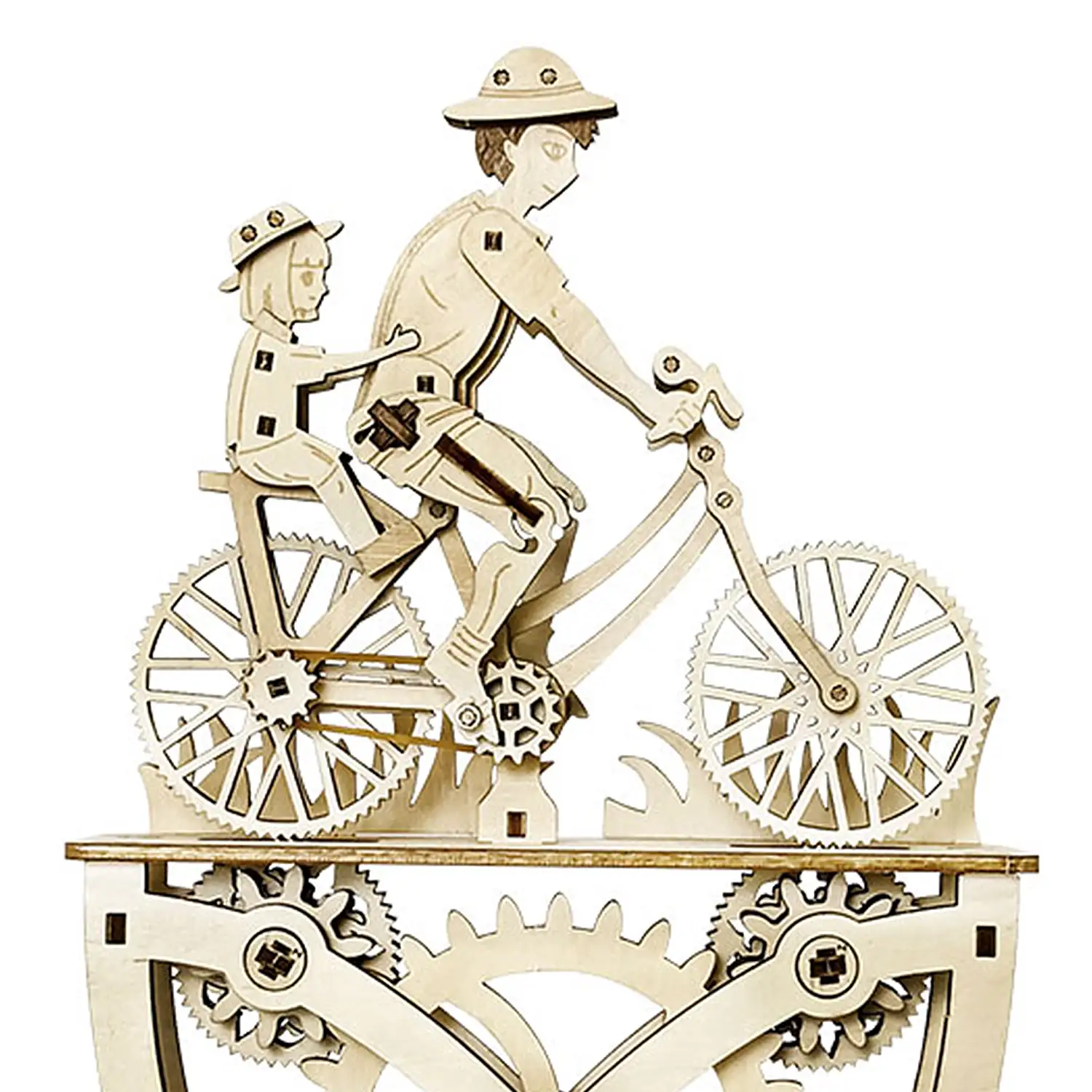 Maqueta de Madera 3D, con movimiento mecánico diseño de Amantes de la bicicleta - Padre e hija. 118 piezas.