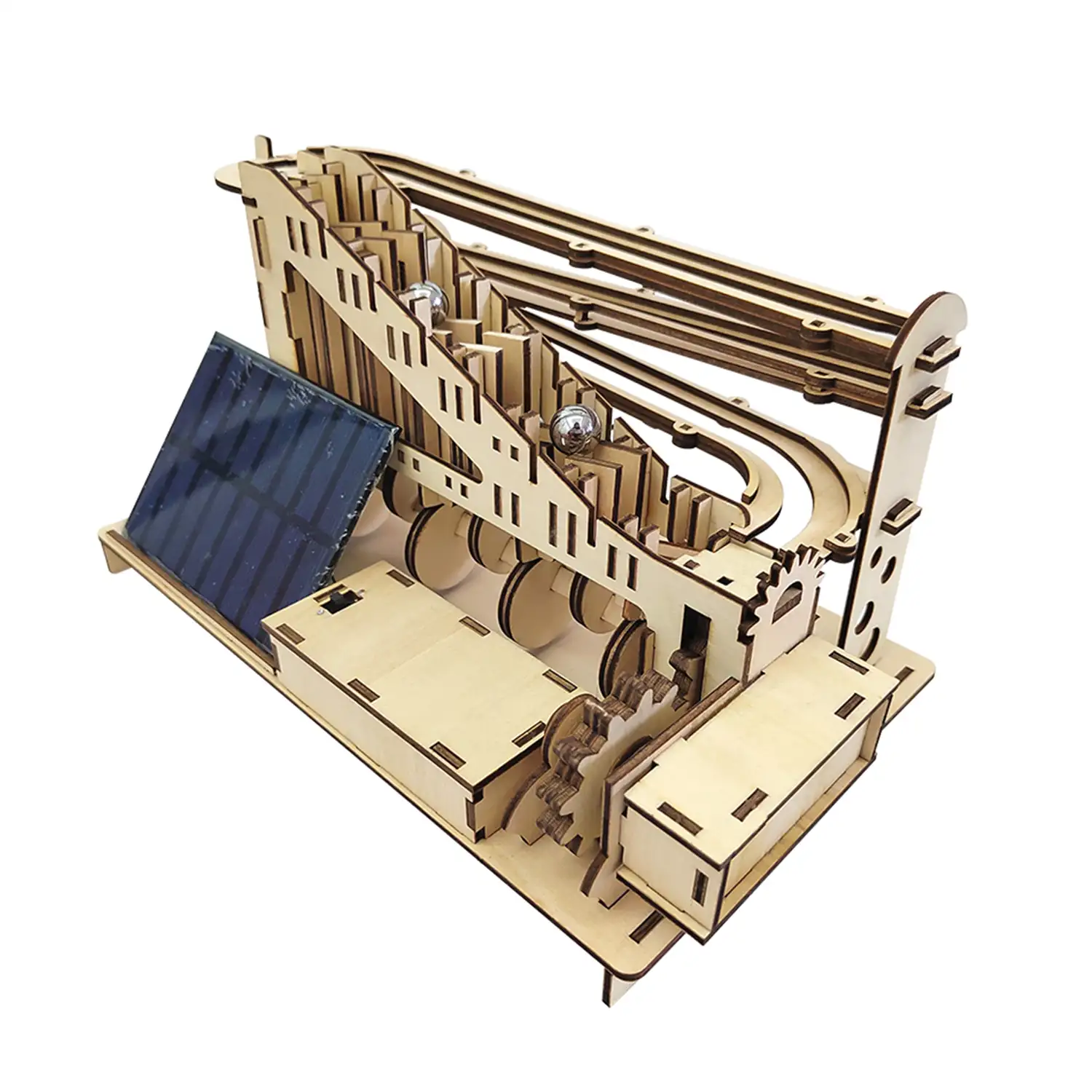 Maqueta de Madera 3D, con movimiento mecánico diseño de Bolas de Escalera con panel Solar.