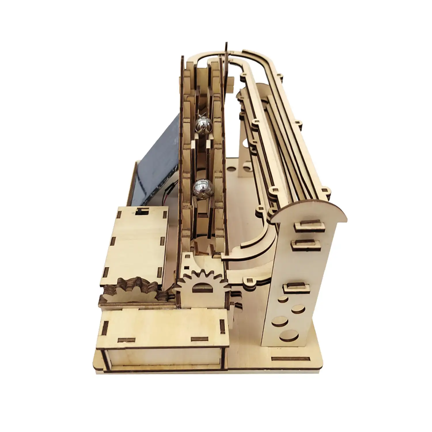 Maqueta de Madera 3D, con movimiento mecánico diseño de Bolas de Escalera con panel Solar.