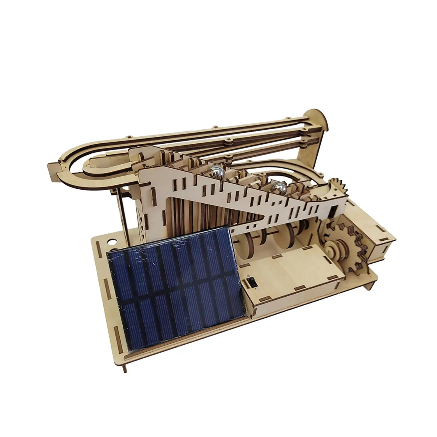 Maqueta de Madera 3D, con movimiento mecánico diseño de Bolas de Escalera con panel Solar.
