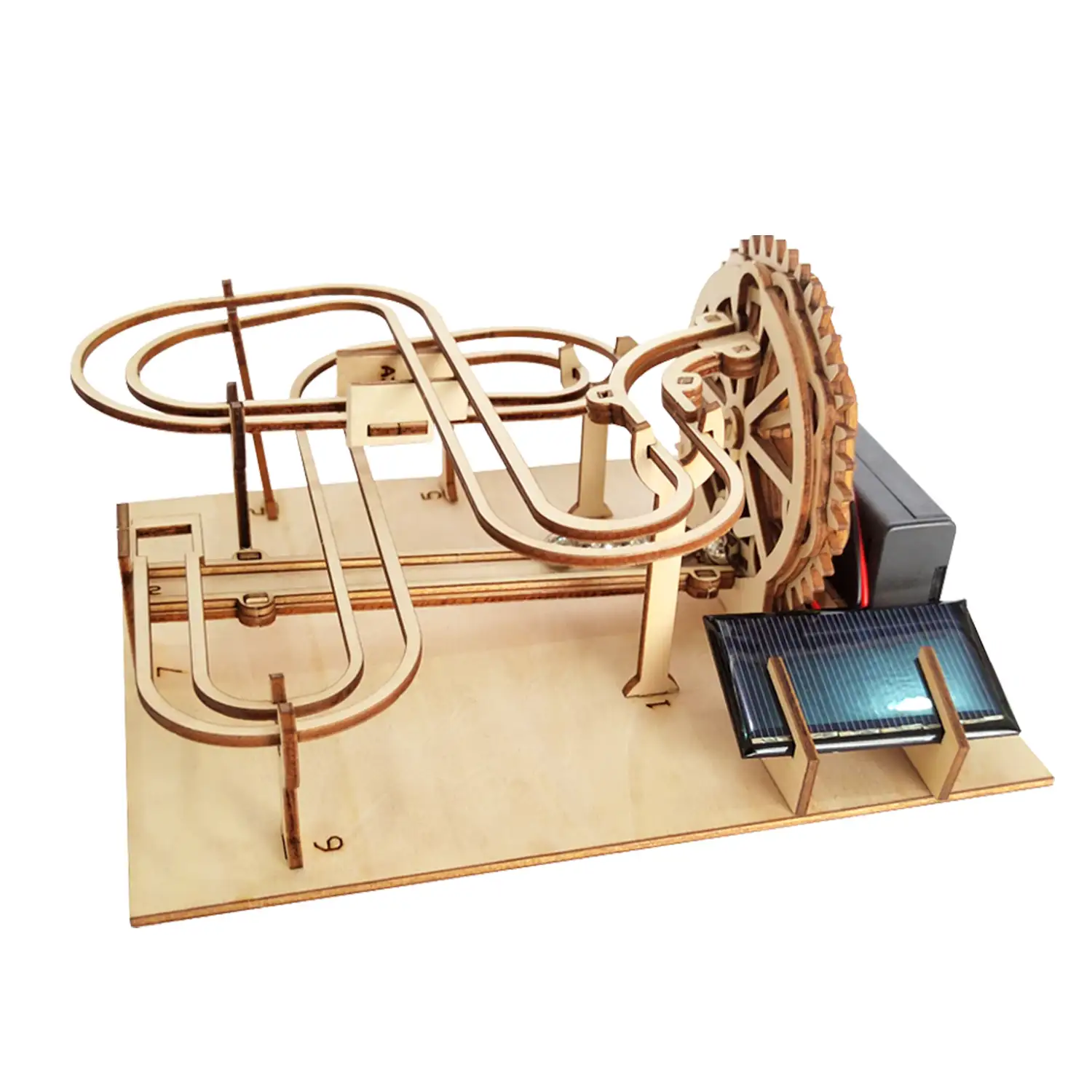 Maqueta de Madera 3D, con movimiento mecánico diseño de Pista de bolas con panel Solar.