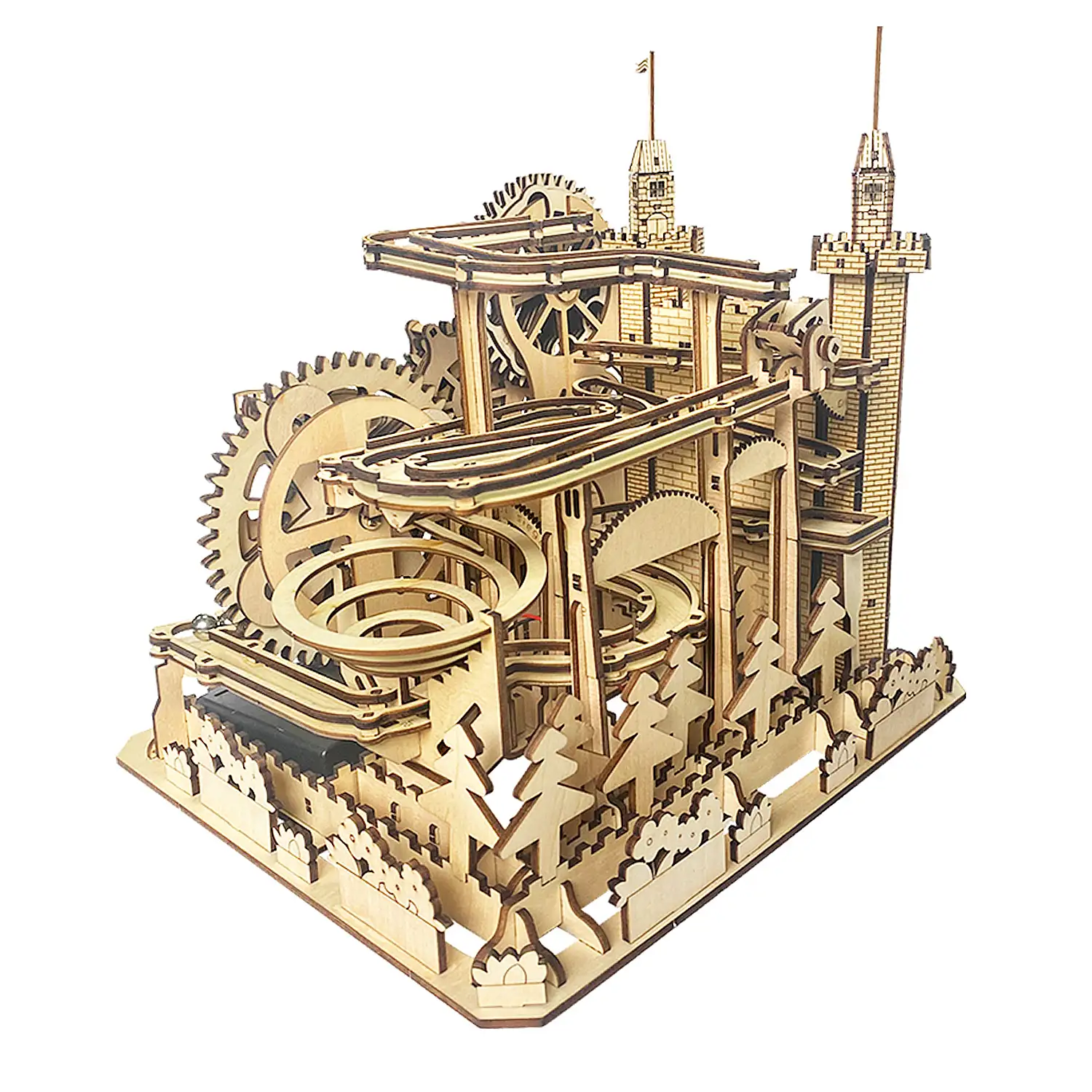 Maqueta de Madera 3D, con movimiento mecánico diseño de Pista de bolas Castillo. 400 piezas.