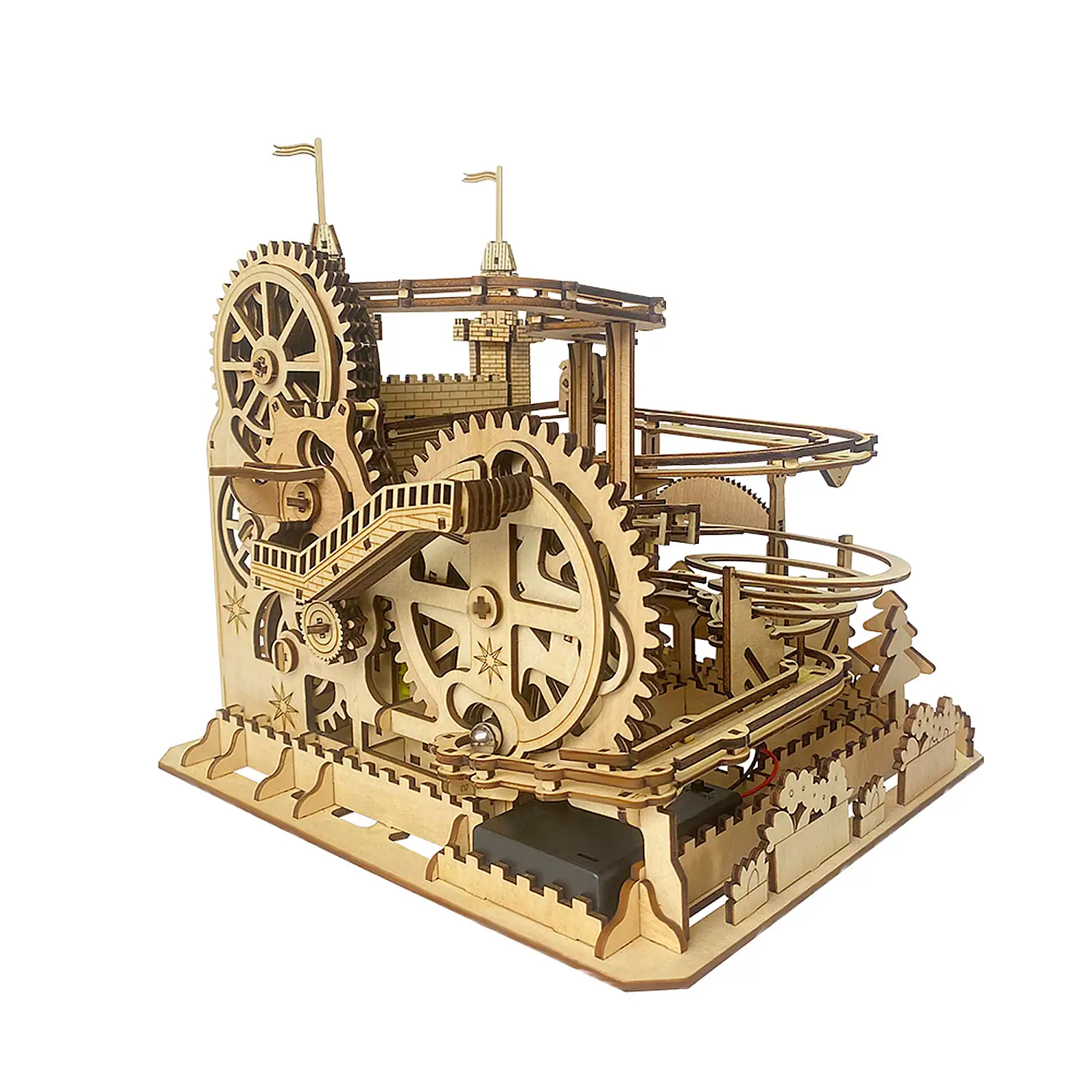 Maqueta de Madera 3D, con movimiento mecánico diseño de Pista de bolas Castillo. 400 piezas.