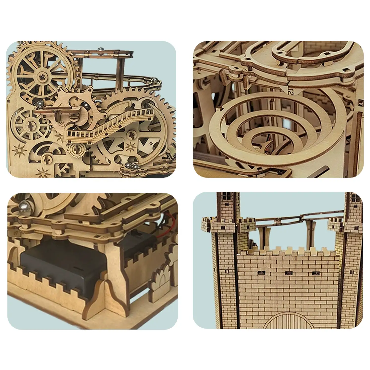 Maqueta de Madera 3D, con movimiento mecánico diseño de Pista de bolas Castillo. 400 piezas.