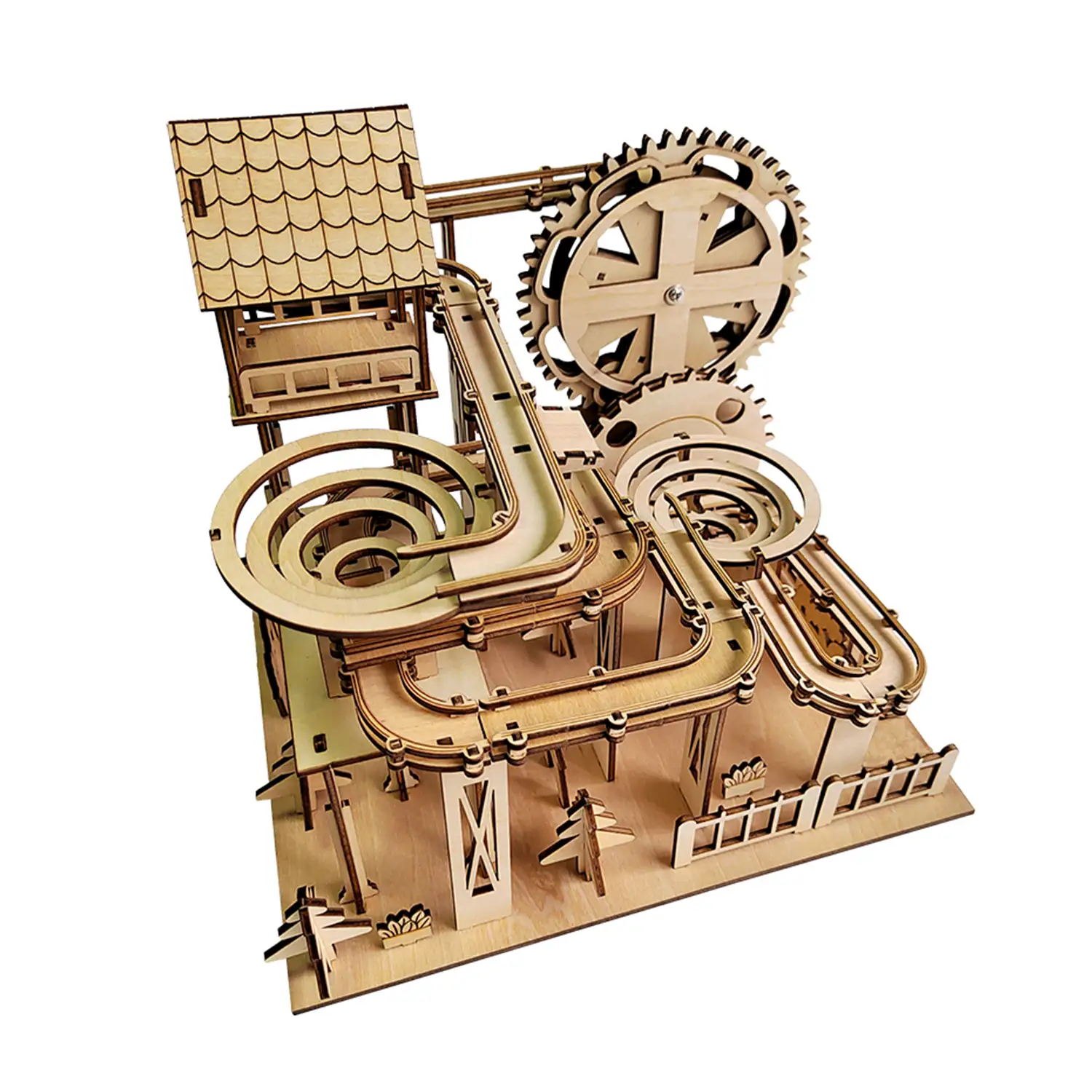 Maqueta de Madera 3D, con movimiento mecánico diseño de Pista de bolas Jungla. 250 piezas