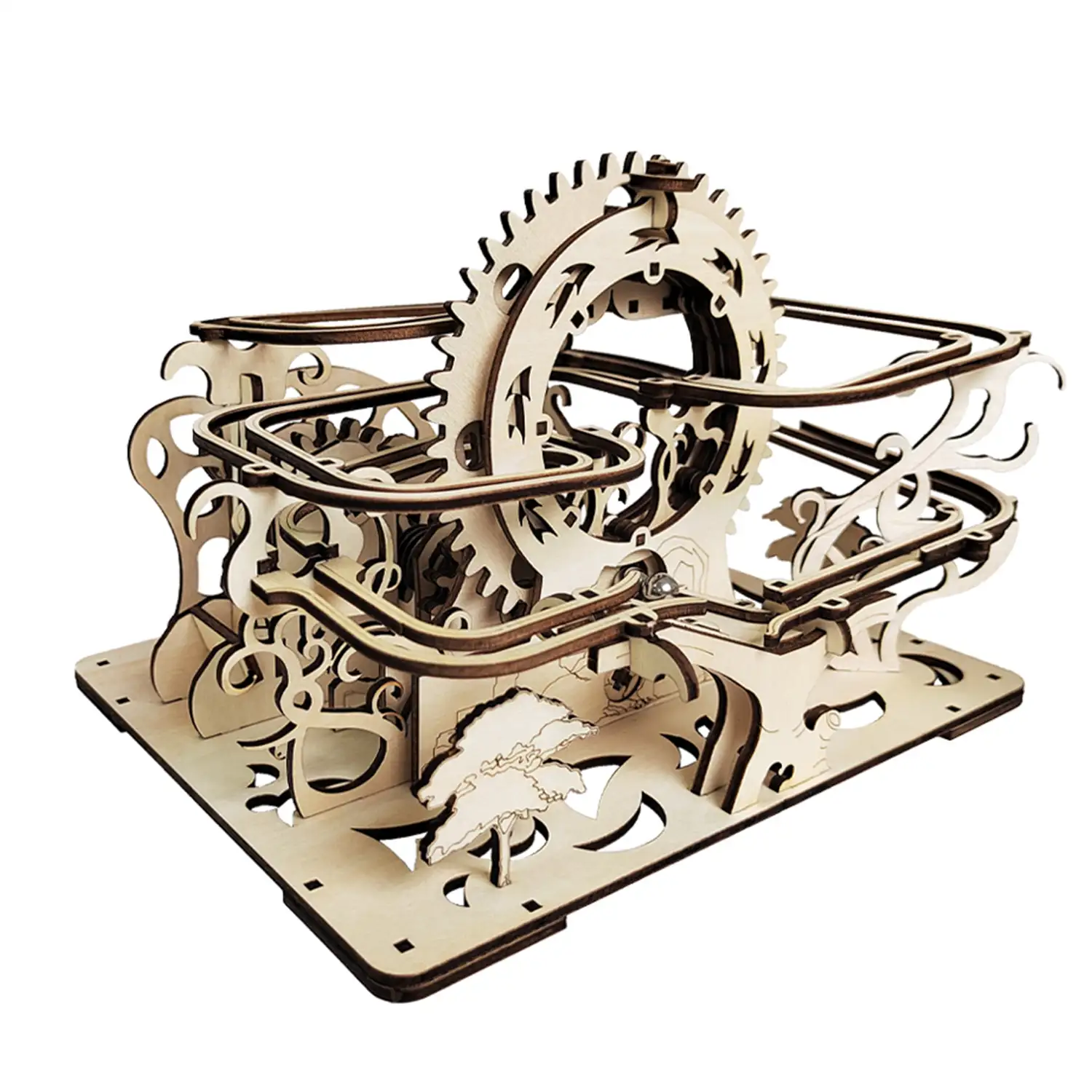 Maqueta de Madera 3D, con movimiento mecánico diseño de Bola rodante orbital mecánica con manivela.