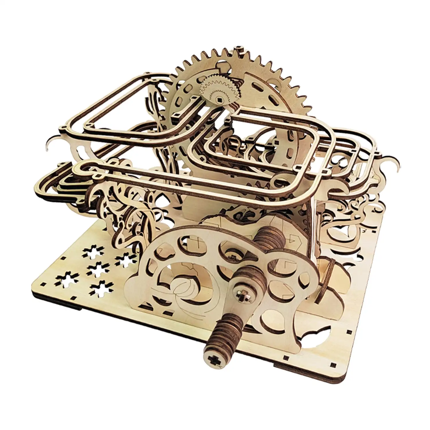 Maqueta de Madera 3D, con movimiento mecánico diseño de Bola rodante orbital mecánica con manivela.