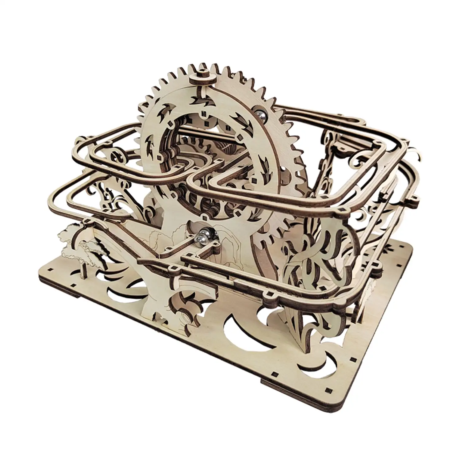 Maqueta de Madera 3D, con movimiento mecánico diseño de Bola rodante orbital mecánica con manivela.