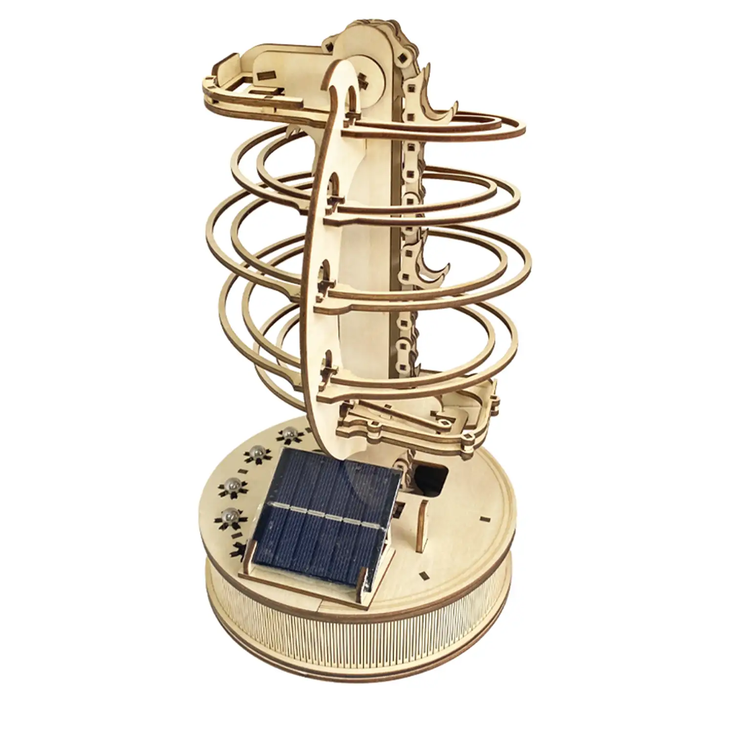 Maqueta de Madera 3D, con movimiento mecánico diseño de Pista de bolas en orbita con panel Solar.