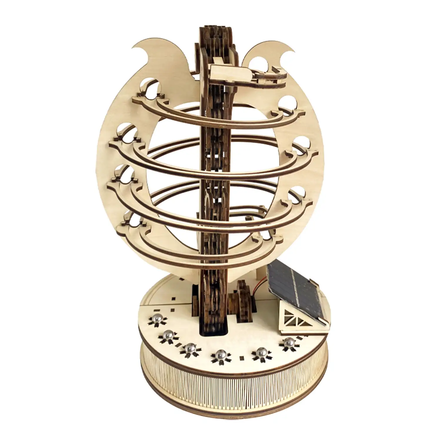 Maqueta de Madera 3D, con movimiento mecánico diseño de Pista de bolas en orbita con panel Solar.