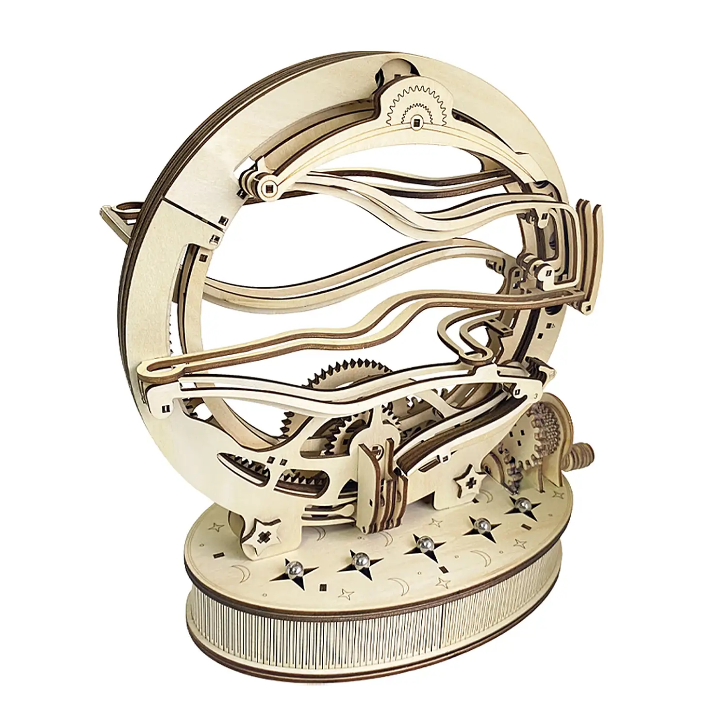 Maqueta de Madera 3D, con movimiento mecánico diseño de Volteador Orbital Mecánico con Manivela. 236 piezas.