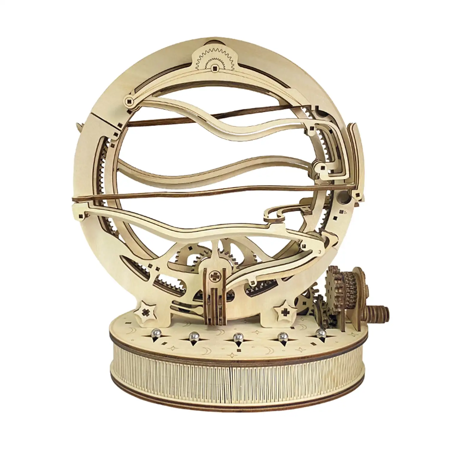 Maqueta de Madera 3D, con movimiento mecánico diseño de Volteador Orbital Mecánico con Manivela. 236 piezas.