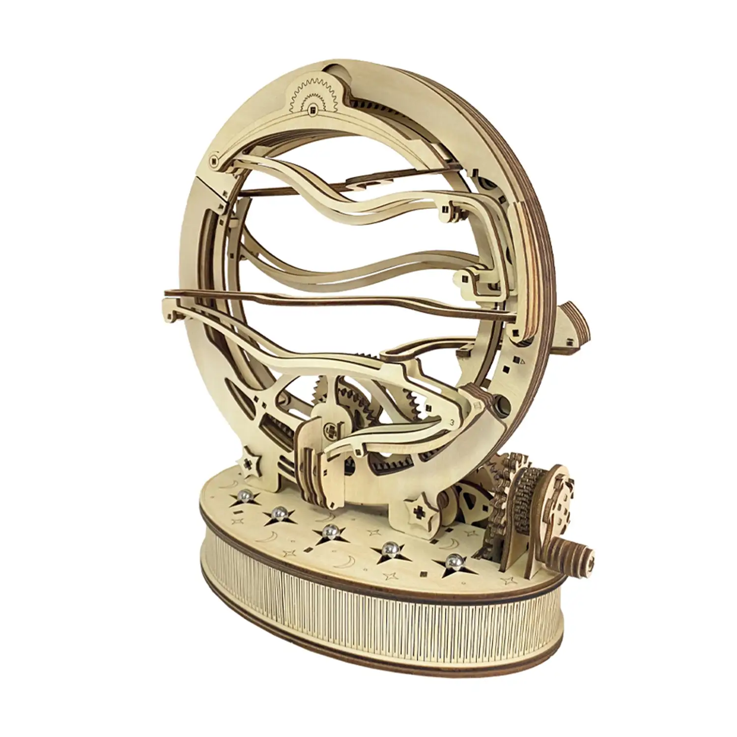 Maqueta de Madera 3D, con movimiento mecánico diseño de Volteador Orbital Mecánico con Manivela. 236 piezas.