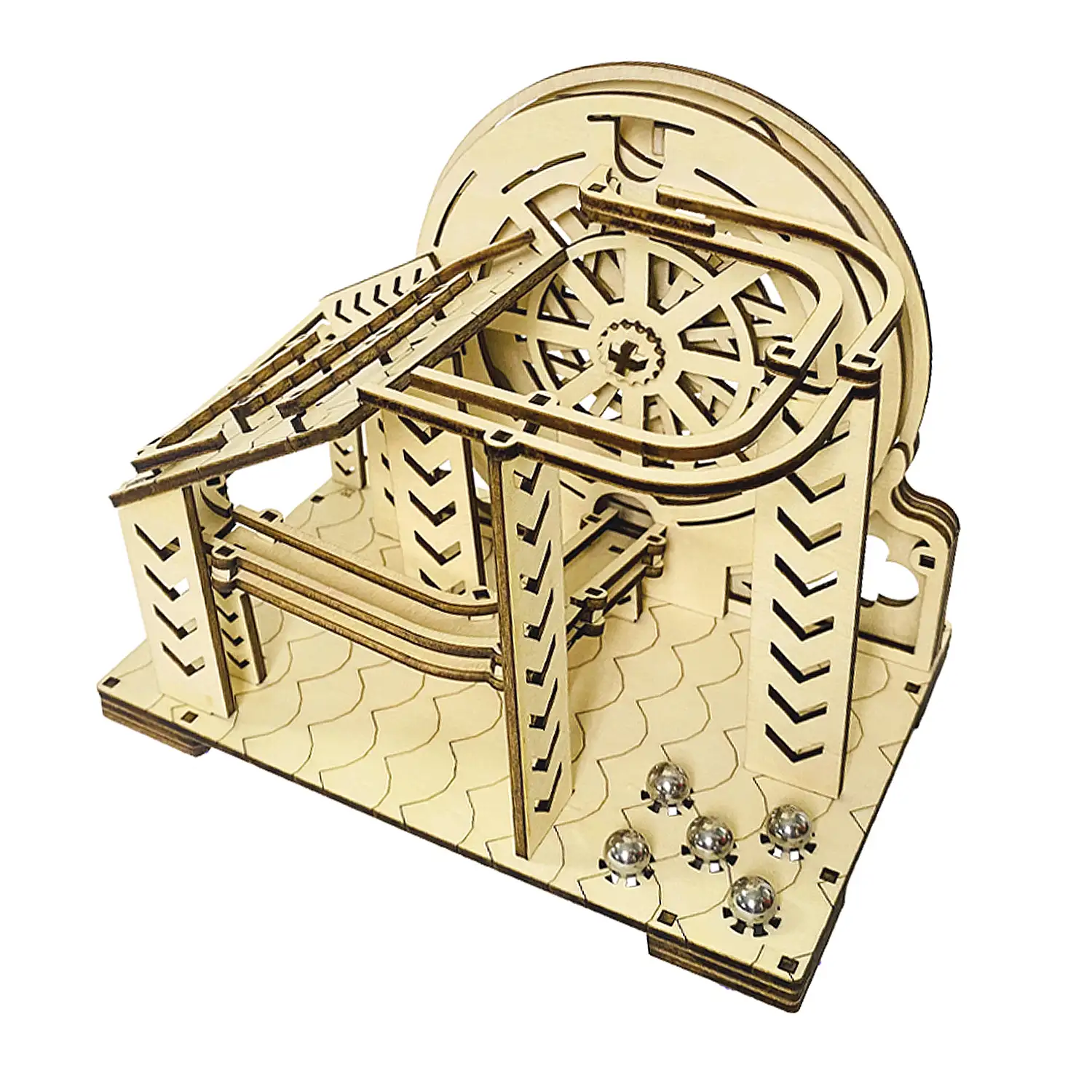 Maqueta de Madera 3D, con movimiento mecánico diseño de Bola orbital mecánica con manivela. 98 piezas.