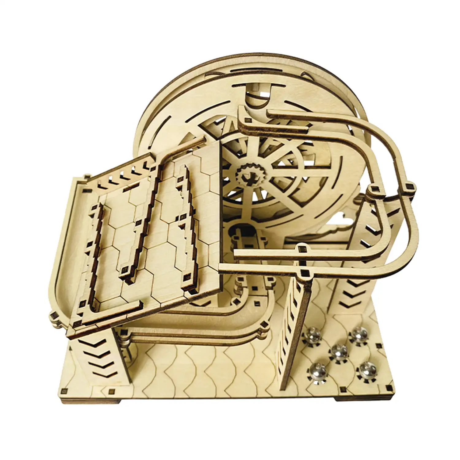 Maqueta de Madera 3D, con movimiento mecánico diseño de Bola orbital mecánica con manivela. 98 piezas.