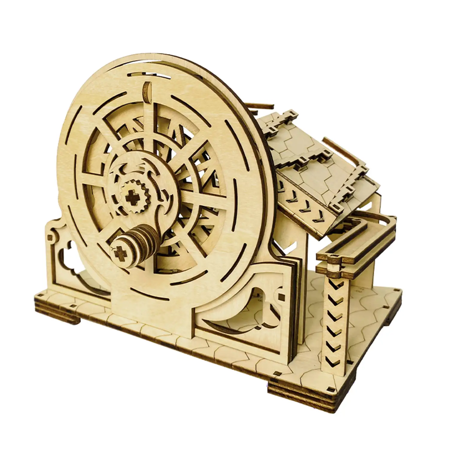 Maqueta de Madera 3D, con movimiento mecánico diseño de Bola orbital mecánica con manivela. 98 piezas.