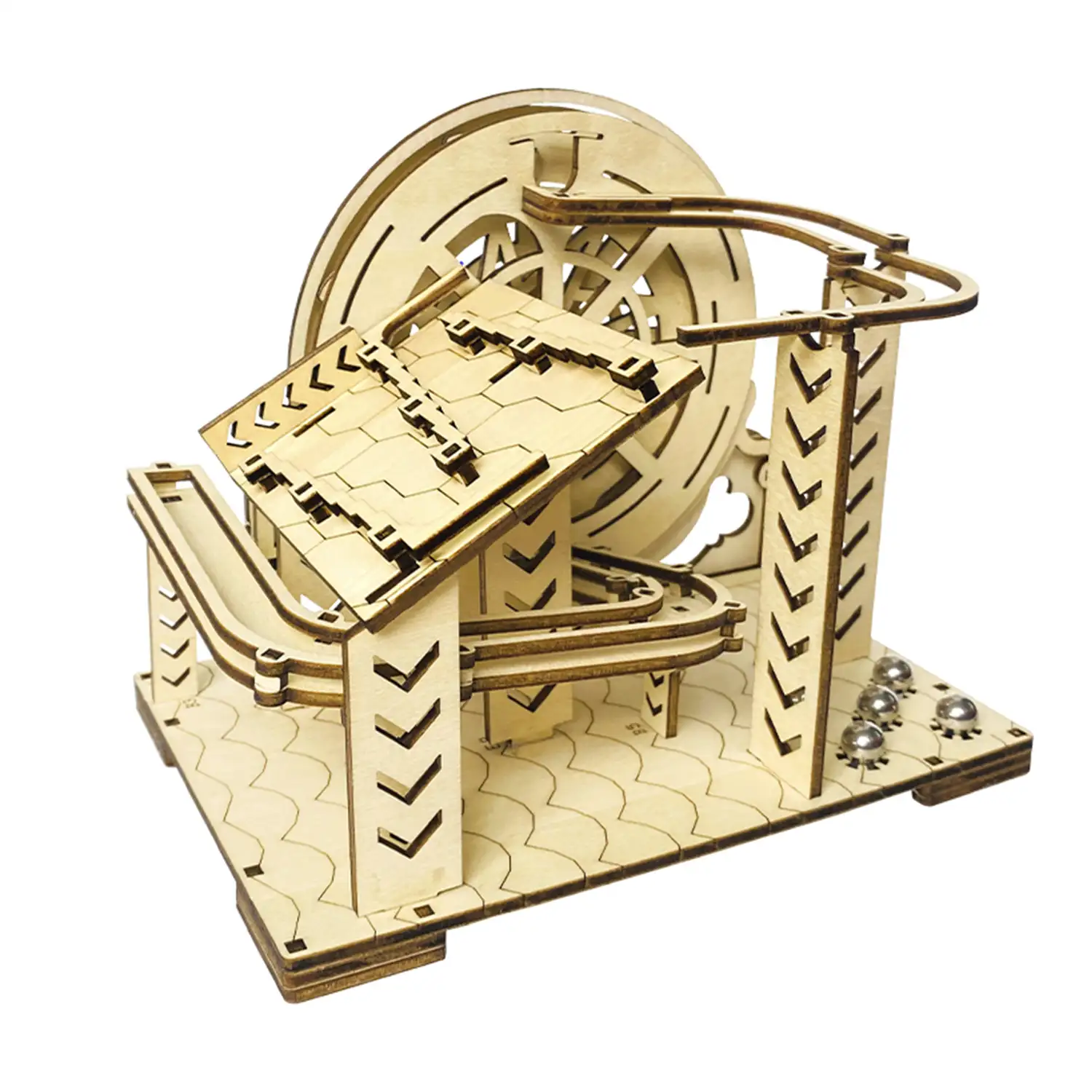 Maqueta de Madera 3D, con movimiento mecánico diseño de Bola orbital mecánica con manivela. 98 piezas.