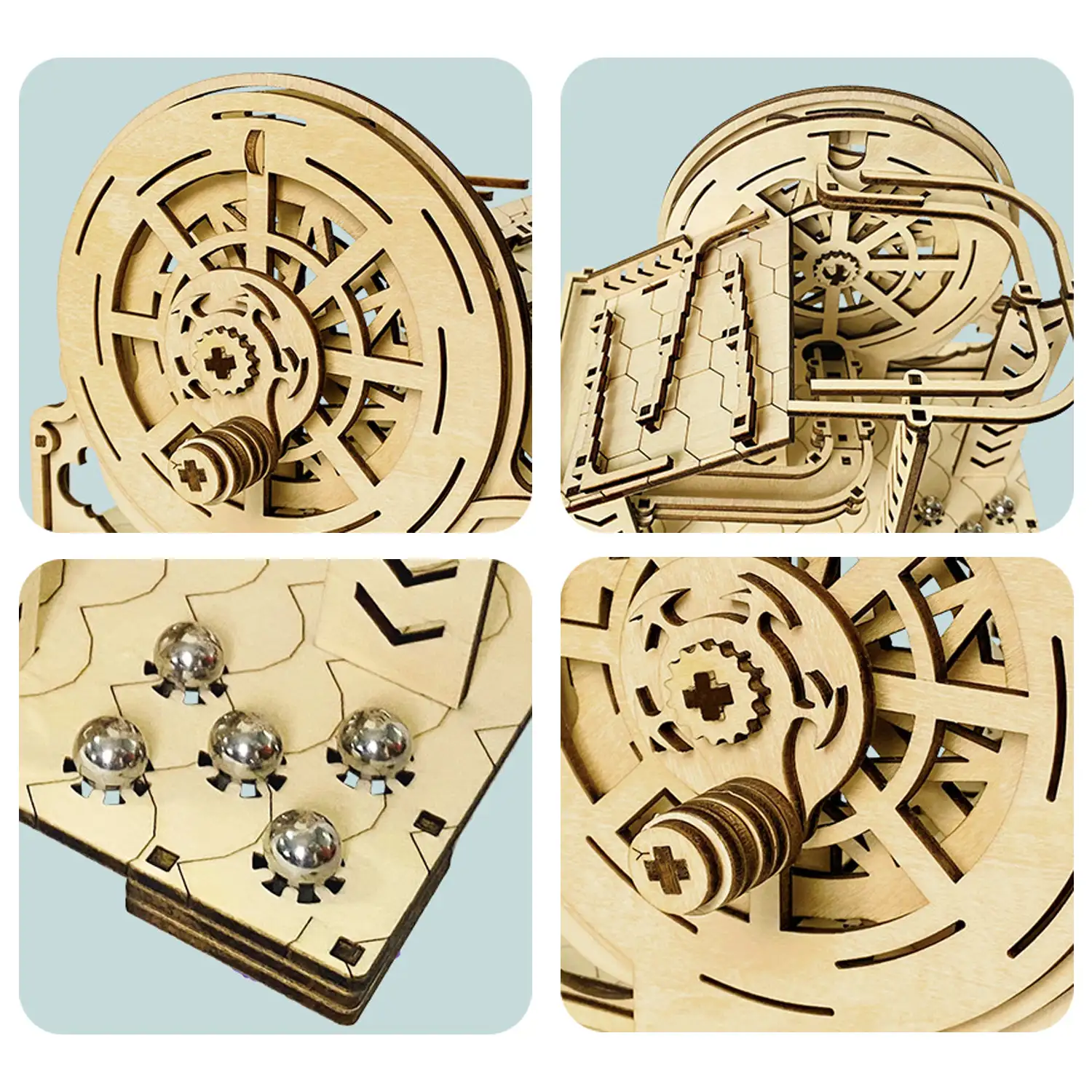 Maqueta de Madera 3D, con movimiento mecánico diseño de Bola orbital mecánica con manivela. 98 piezas.