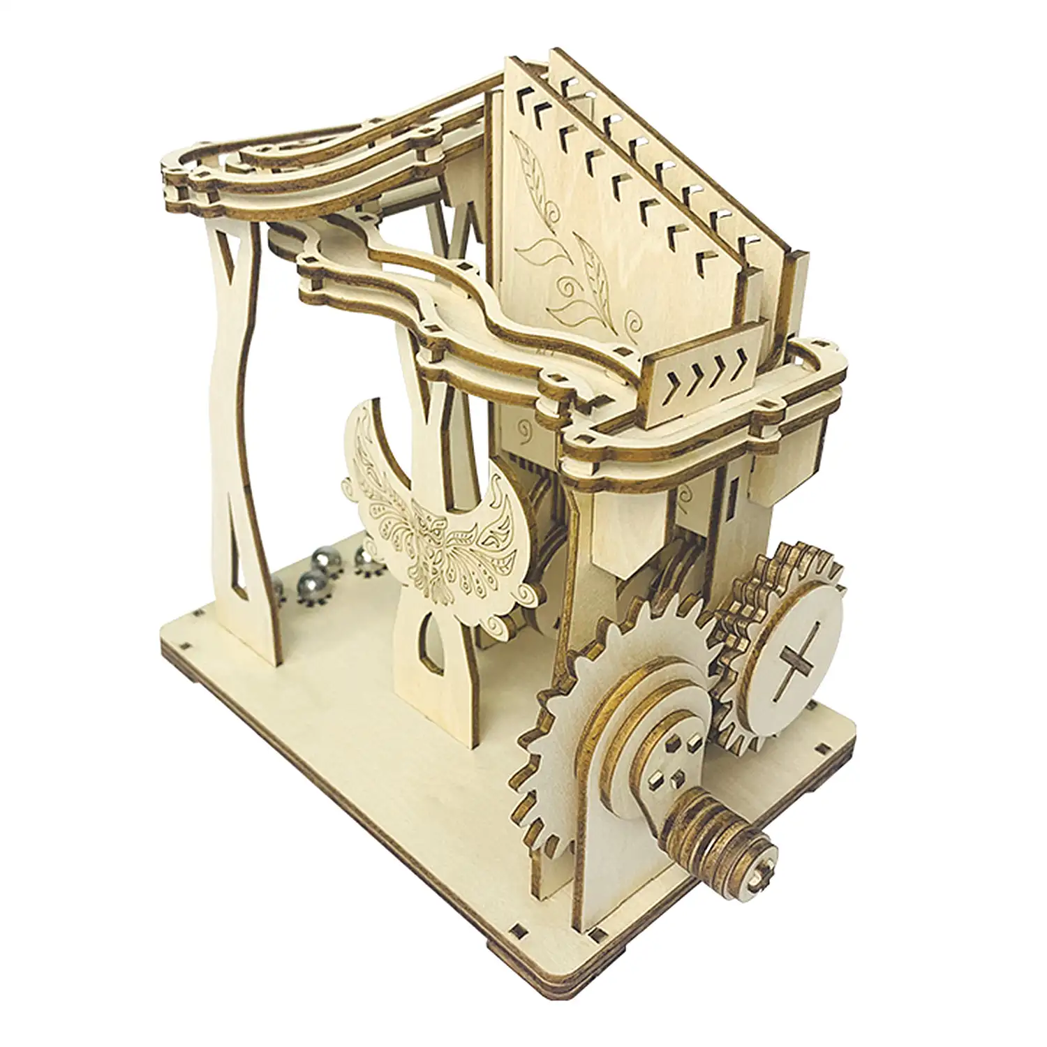 Maqueta de Madera 3D, con movimiento mecánico diseño de pista de bolas orbitales mecánicas con manivela.