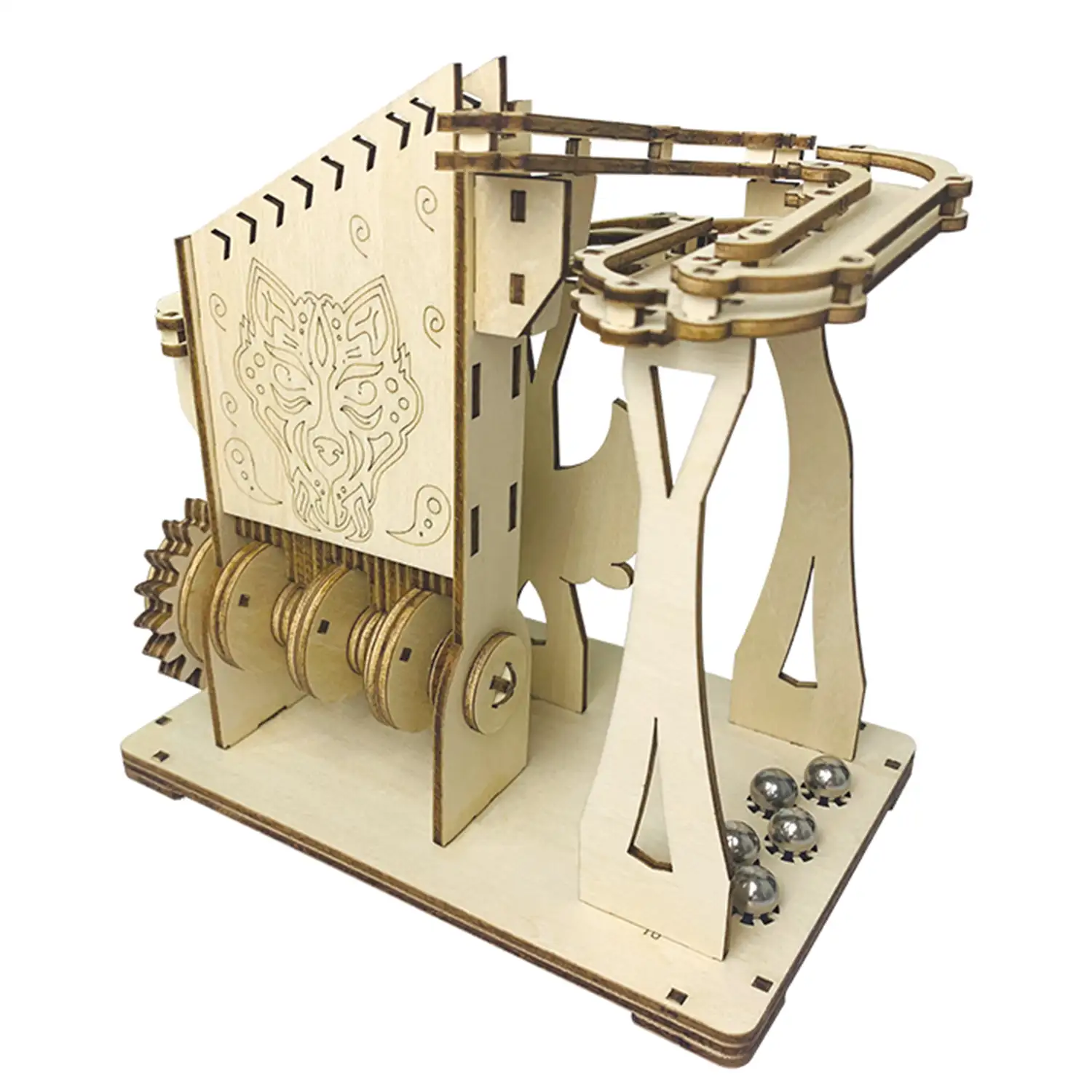 Maqueta de Madera 3D, con movimiento mecánico diseño de pista de bolas orbitales mecánicas con manivela.