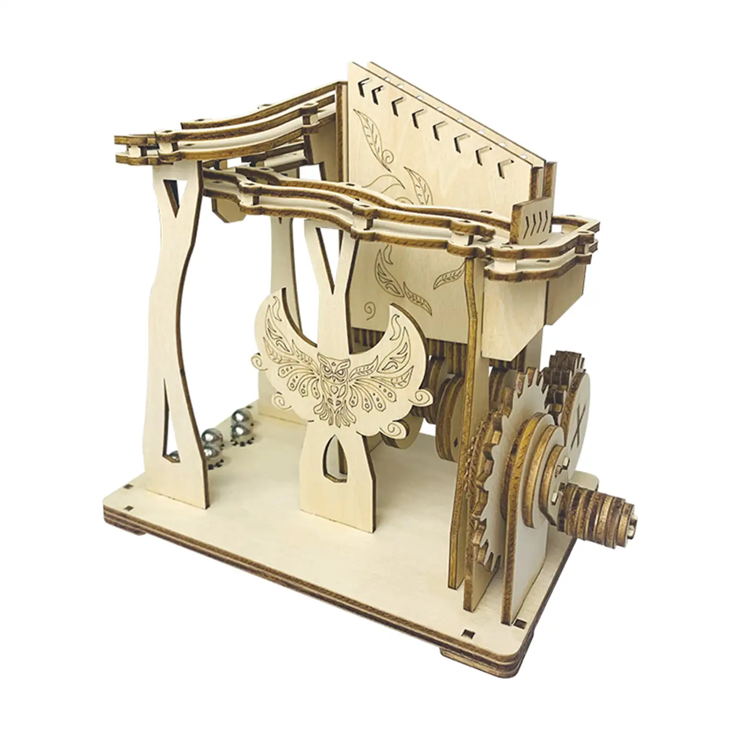 Maqueta de Madera 3D, con movimiento mecánico diseño de pista de bolas orbitales mecánicas con manivela.