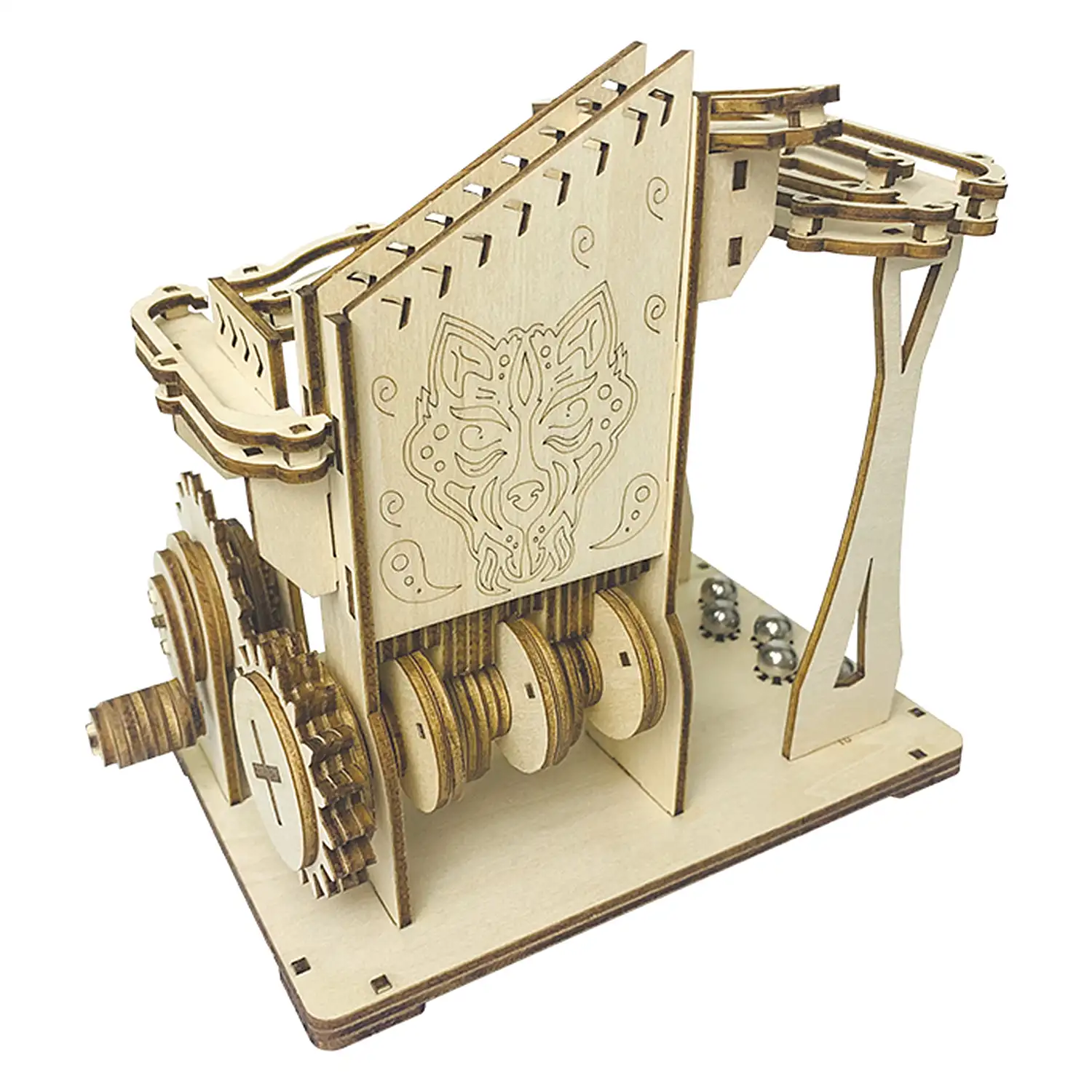 Maqueta de Madera 3D, con movimiento mecánico diseño de pista de bolas orbitales mecánicas con manivela.