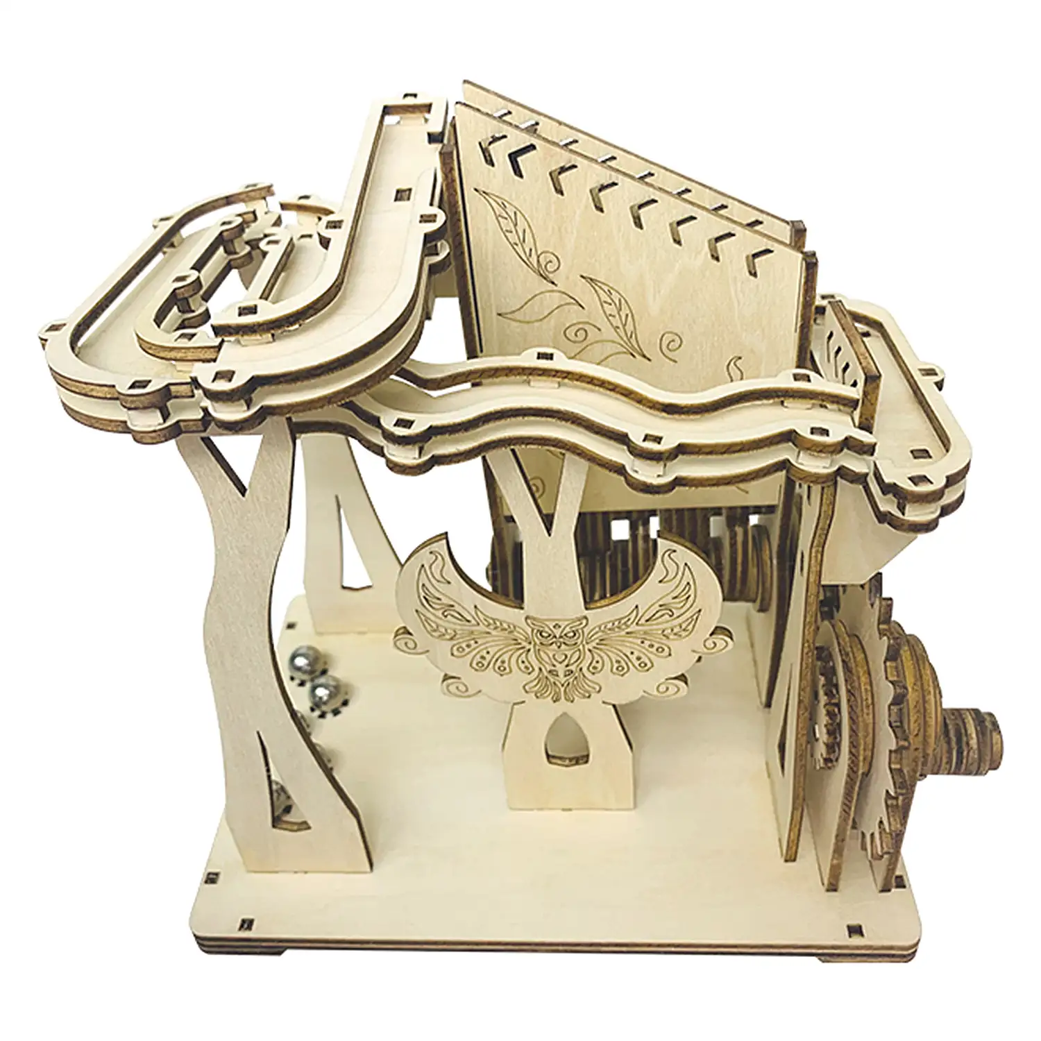 Maqueta de Madera 3D, con movimiento mecánico diseño de pista de bolas orbitales mecánicas con manivela.