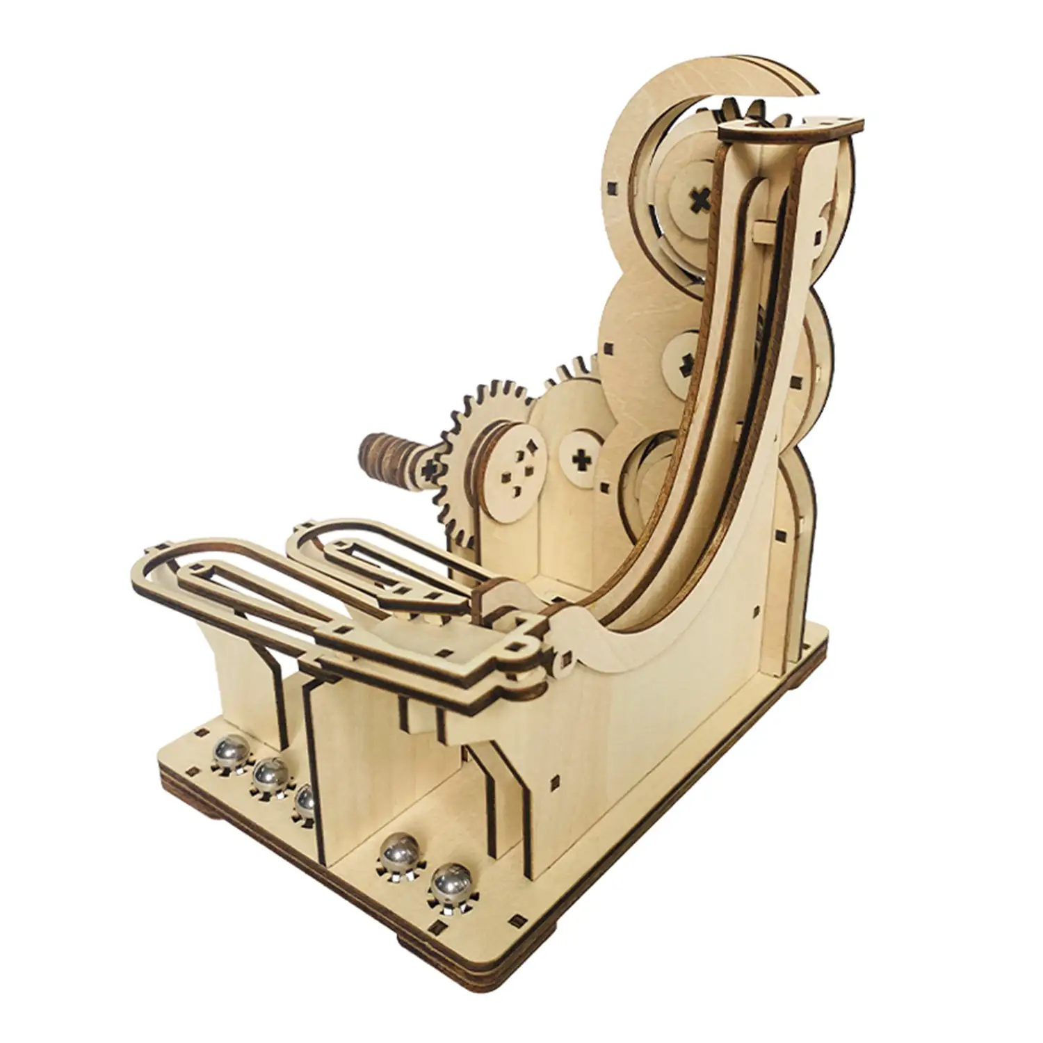 Maqueta de Madera 3D, con movimiento mecánico diseño de pista de bolas orbitales con manivela.