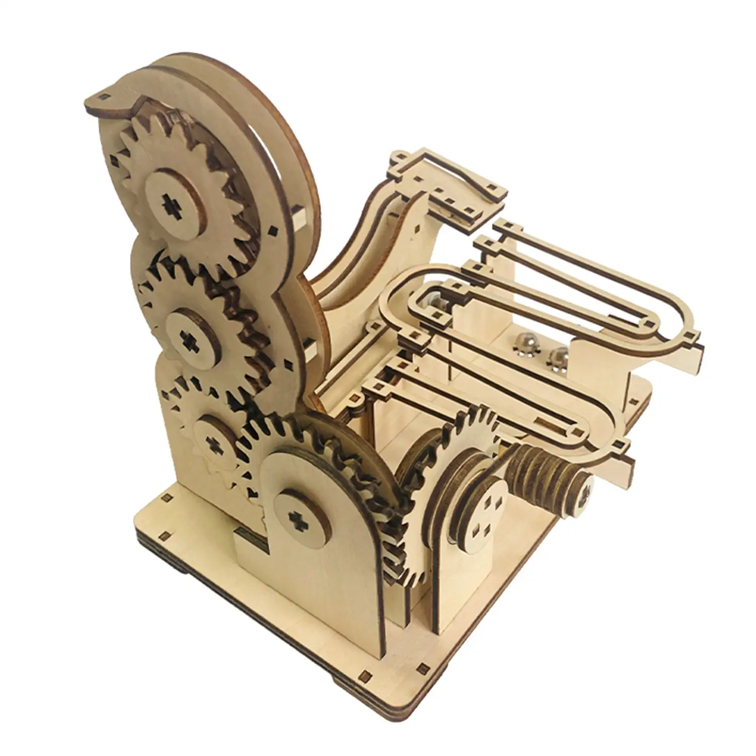 Maqueta de Madera 3D, con movimiento mecánico diseño de pista de bolas orbitales con manivela.