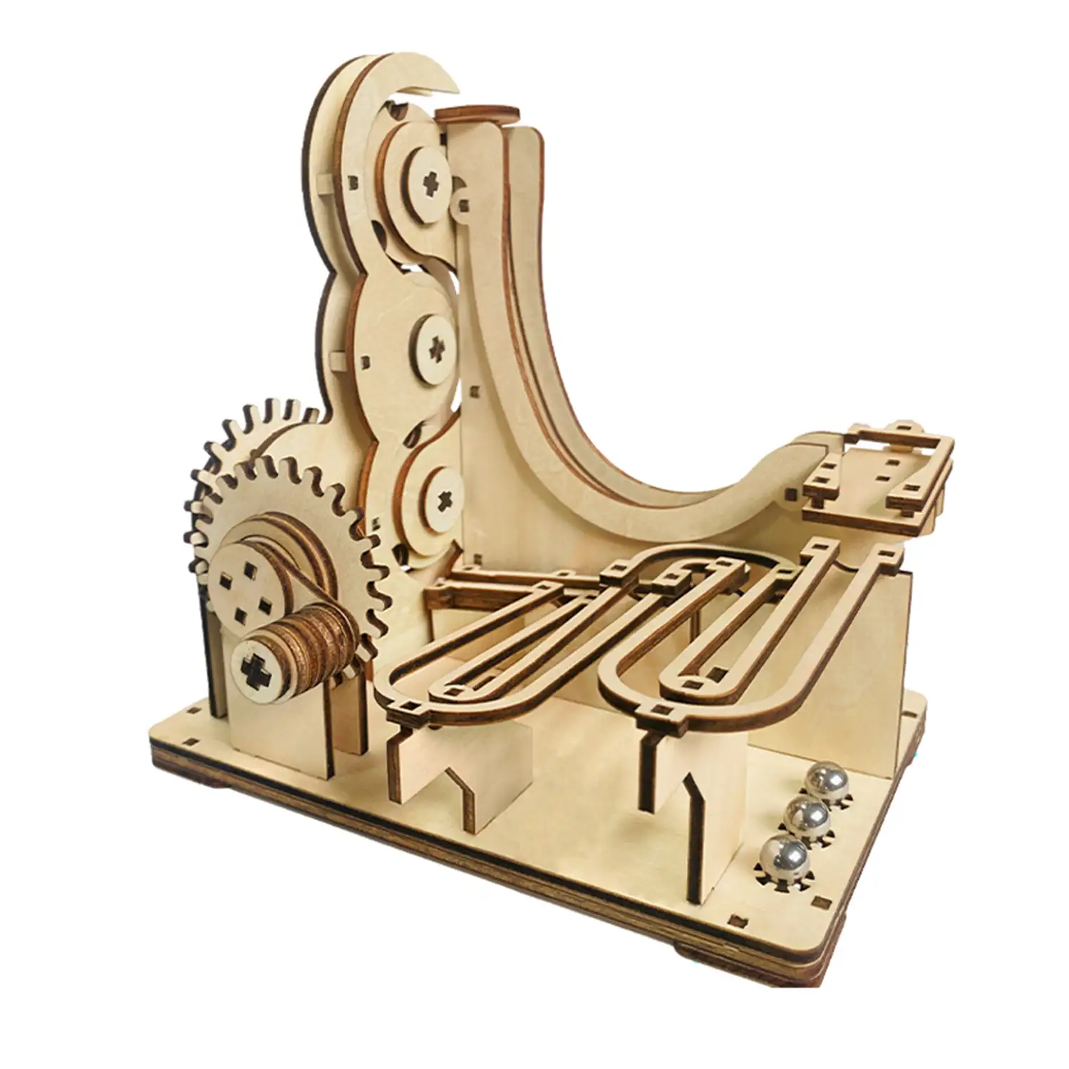 Maqueta de Madera 3D, con movimiento mecánico diseño de pista de bolas orbitales con manivela.