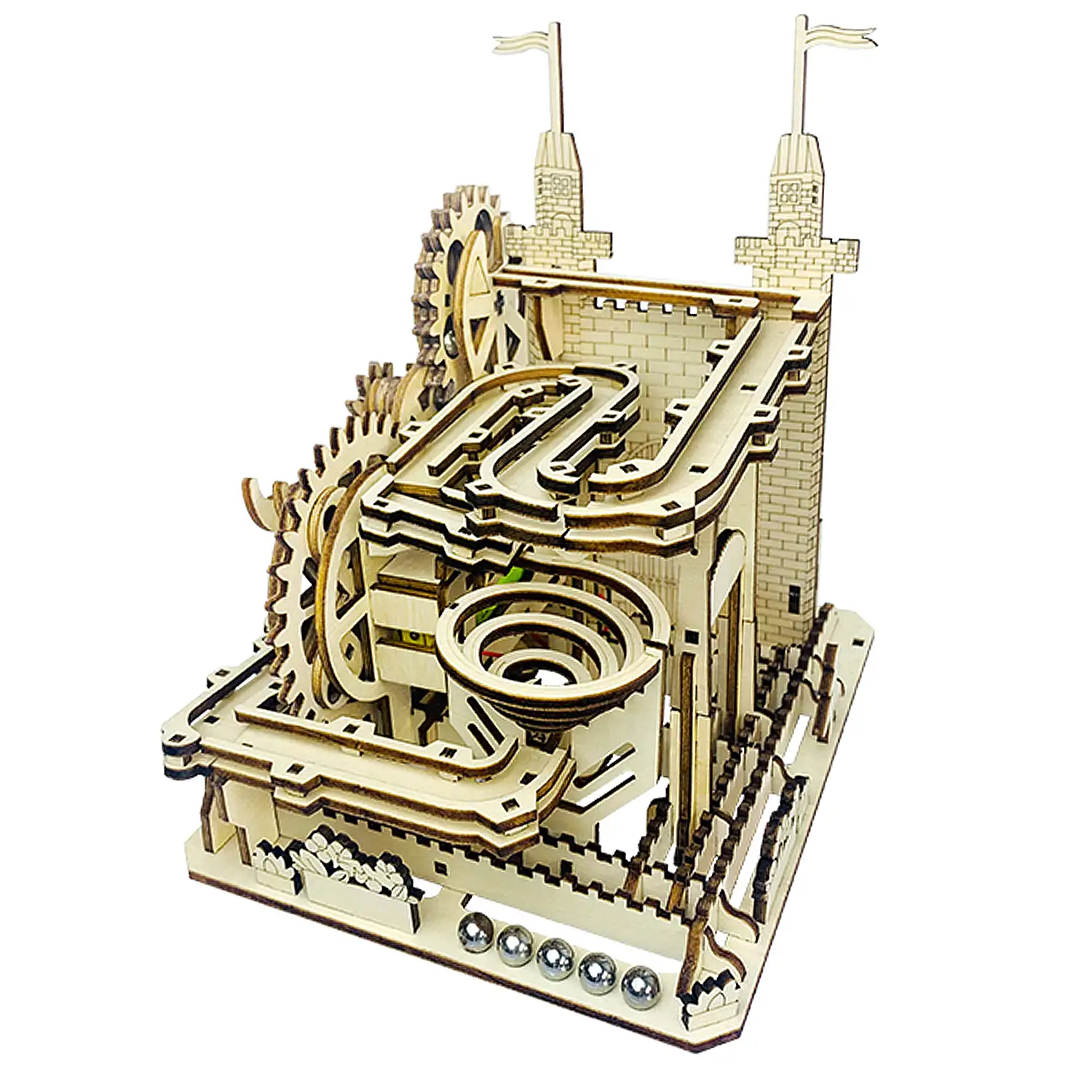 Maqueta de Madera 3D, con movimiento mecánico diseño Bolas de Castillo. 175 piezas.