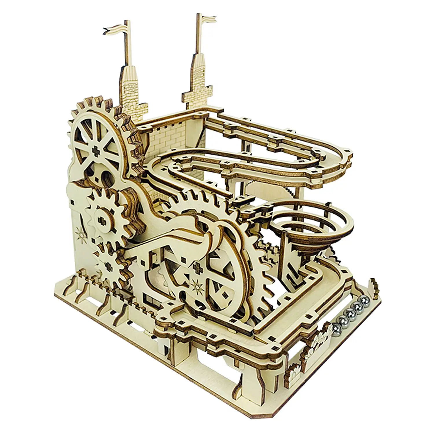 Maqueta de Madera 3D, con movimiento mecánico diseño Bolas de Castillo. 175 piezas.