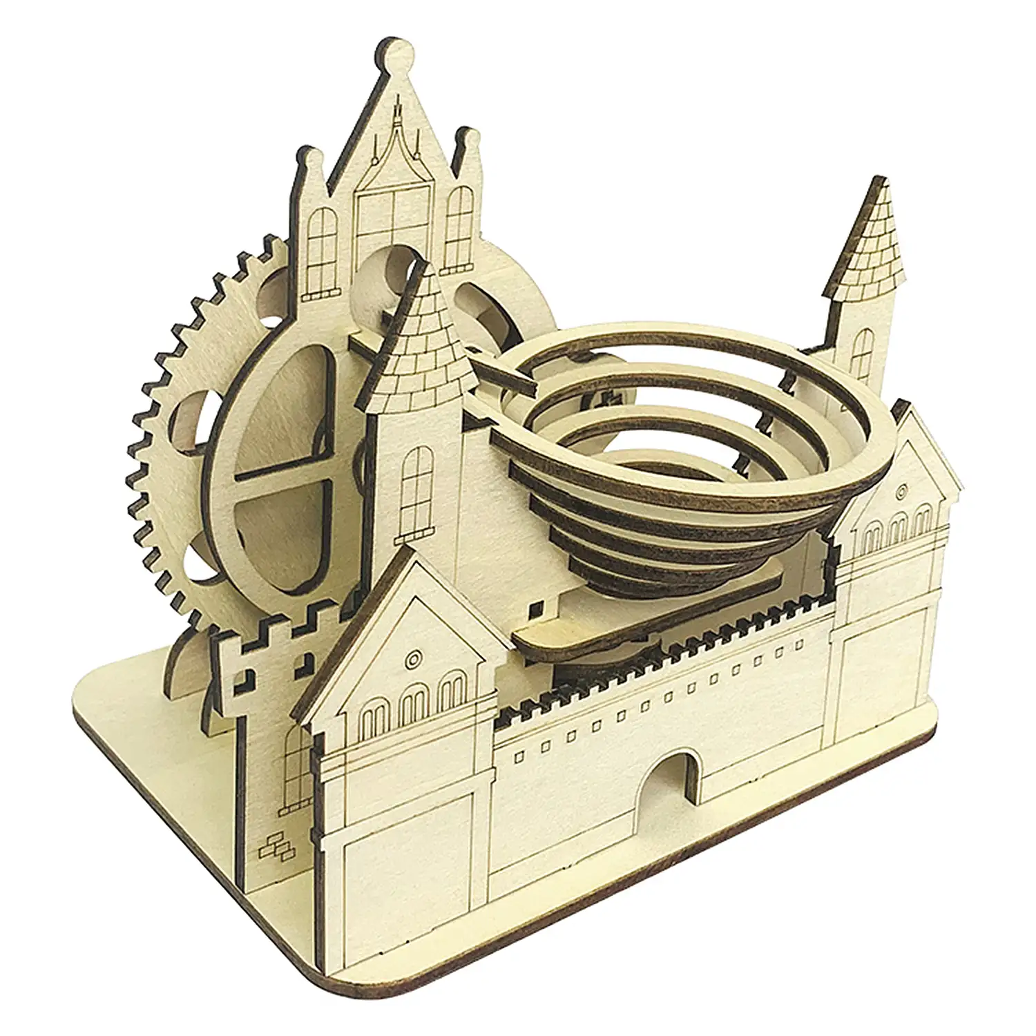 Maqueta de Madera 3D, con movimiento mecánico diseño de bolas Mecánicas en espiral.