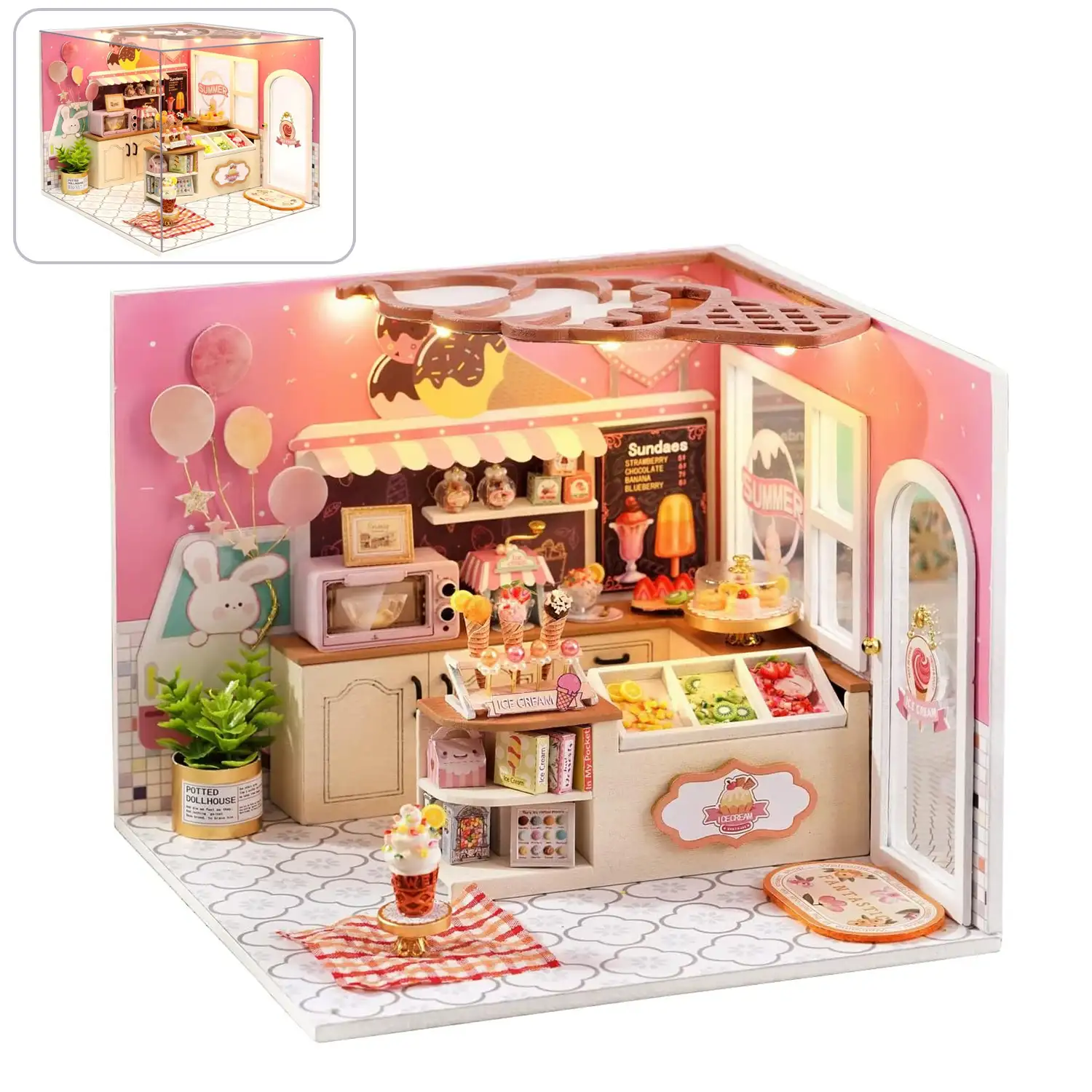 Tienda de helados Feliz. Maqueta 3D realista con gran detalle, cubierta antipolvo y luces led.
