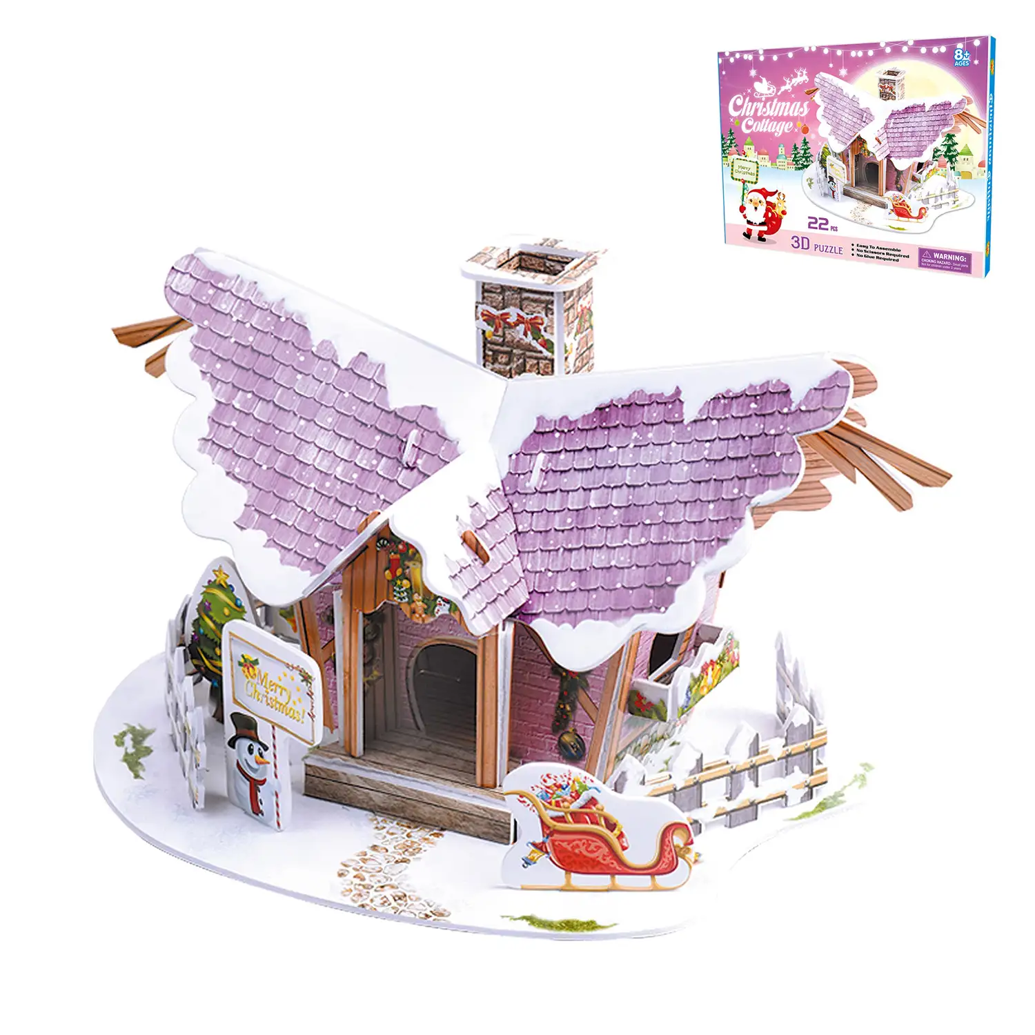 Maqueta 3D de cartón de una Casita Navideña. Diseño morado. 22 piezas.