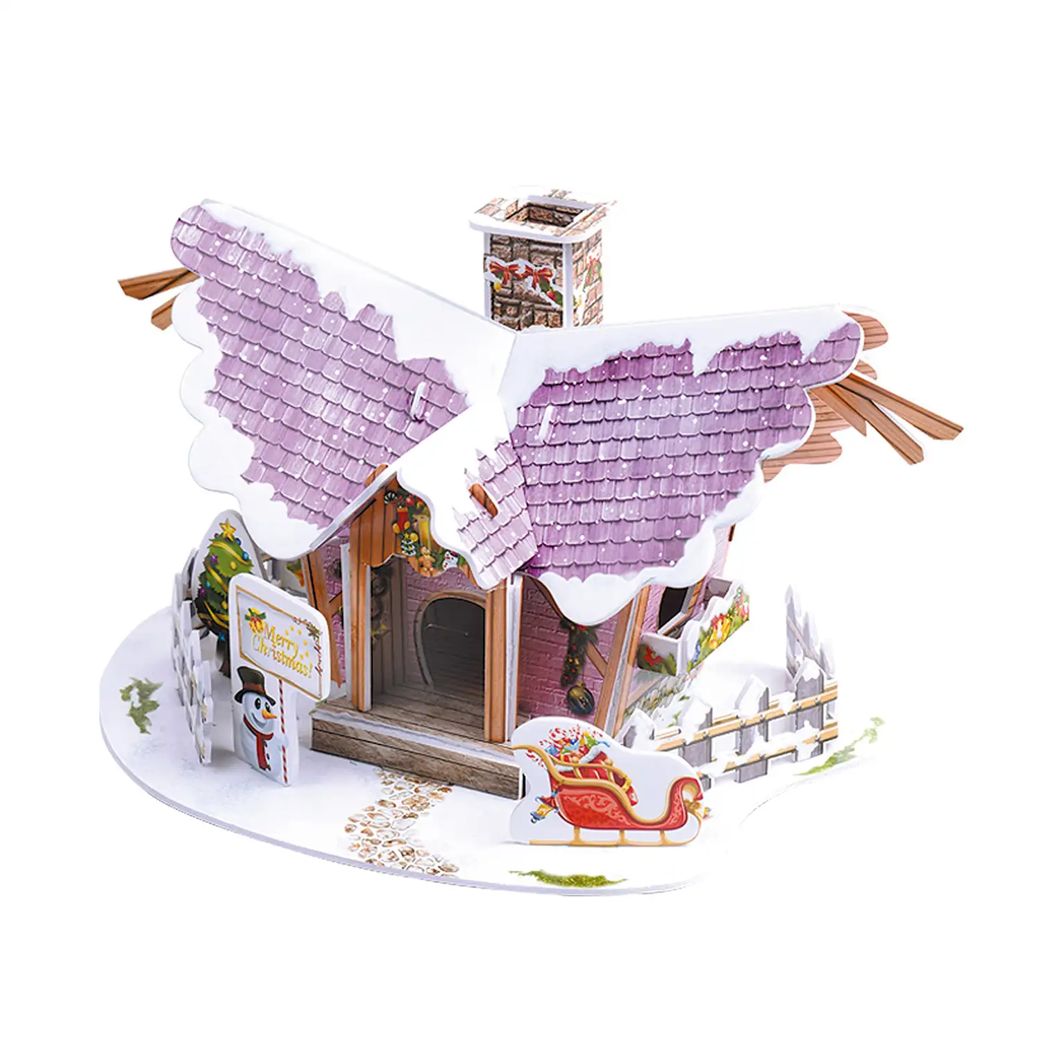 Maqueta 3D de cartón de una Casita Navideña. Diseño morado. 22 piezas.