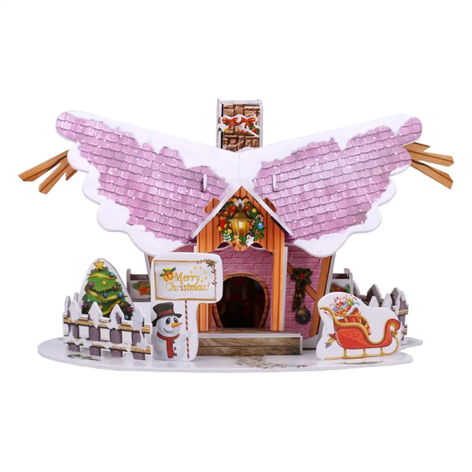 Maqueta 3D de cartón de una Casita Navideña. Diseño morado. 22 piezas.