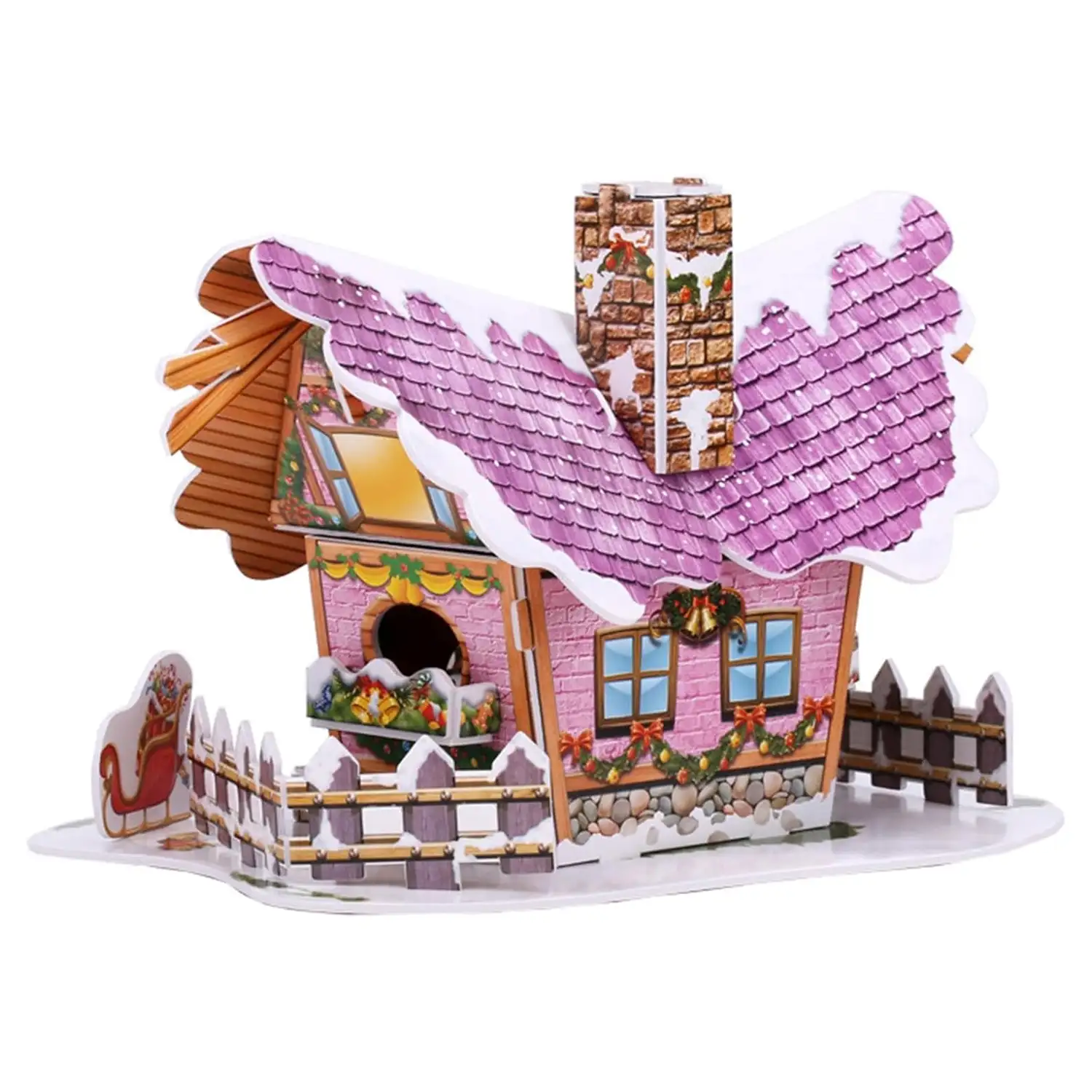Maqueta 3D de cartón de una Casita Navideña. Diseño morado. 22 piezas.