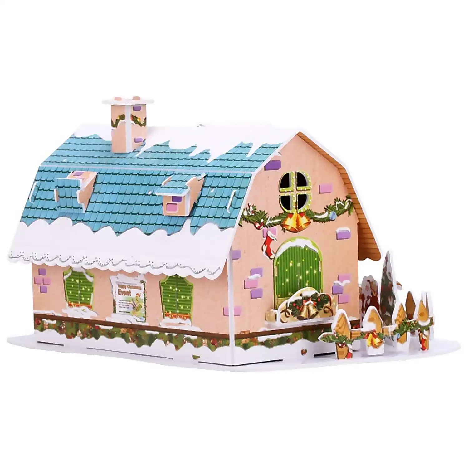 Maqueta 3D de cartón de una Casita Navideña. Diseño azul. 38 piezas.