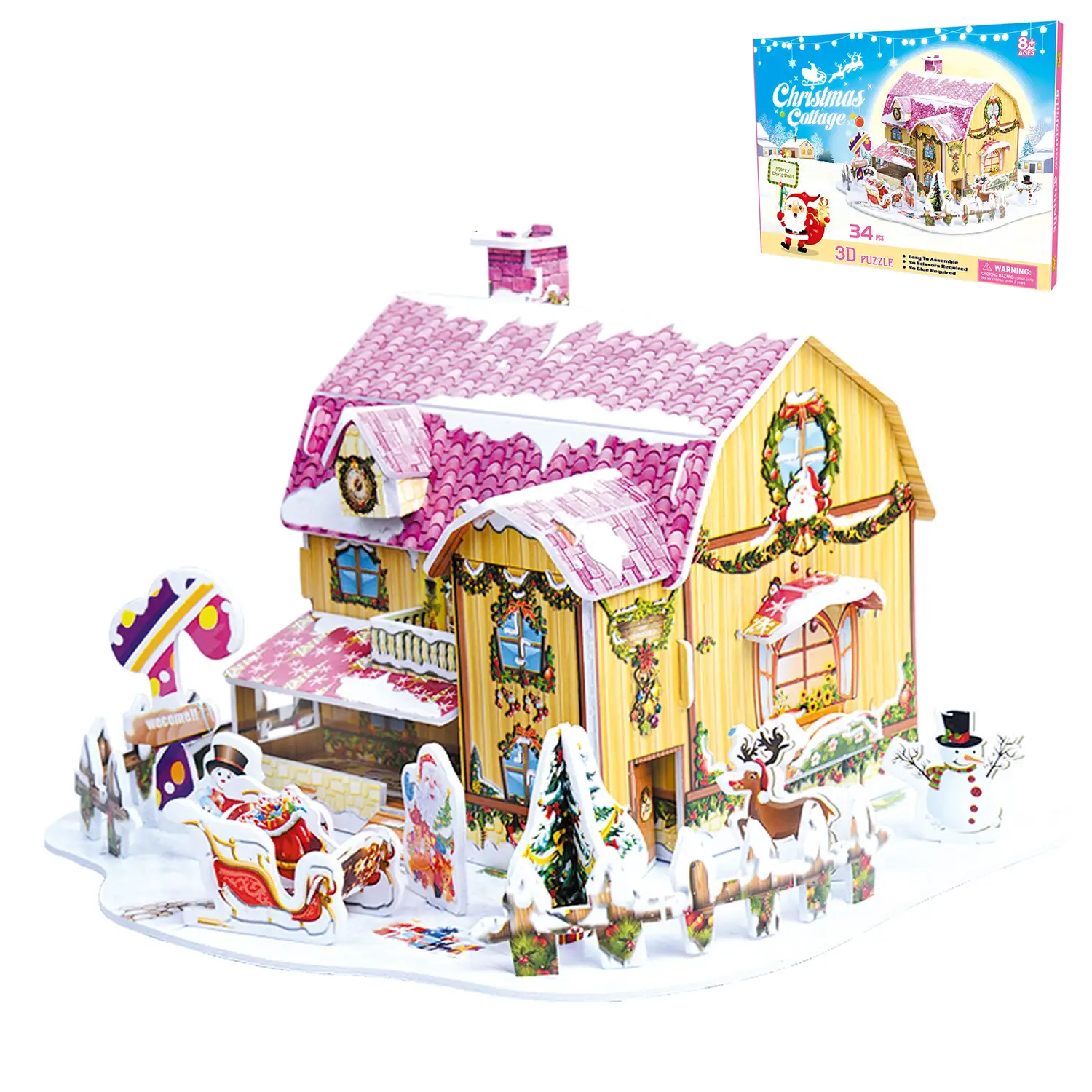 Maqueta 3D de cartón de una Casita Navideña. Diseño rosa. 34 piezas.