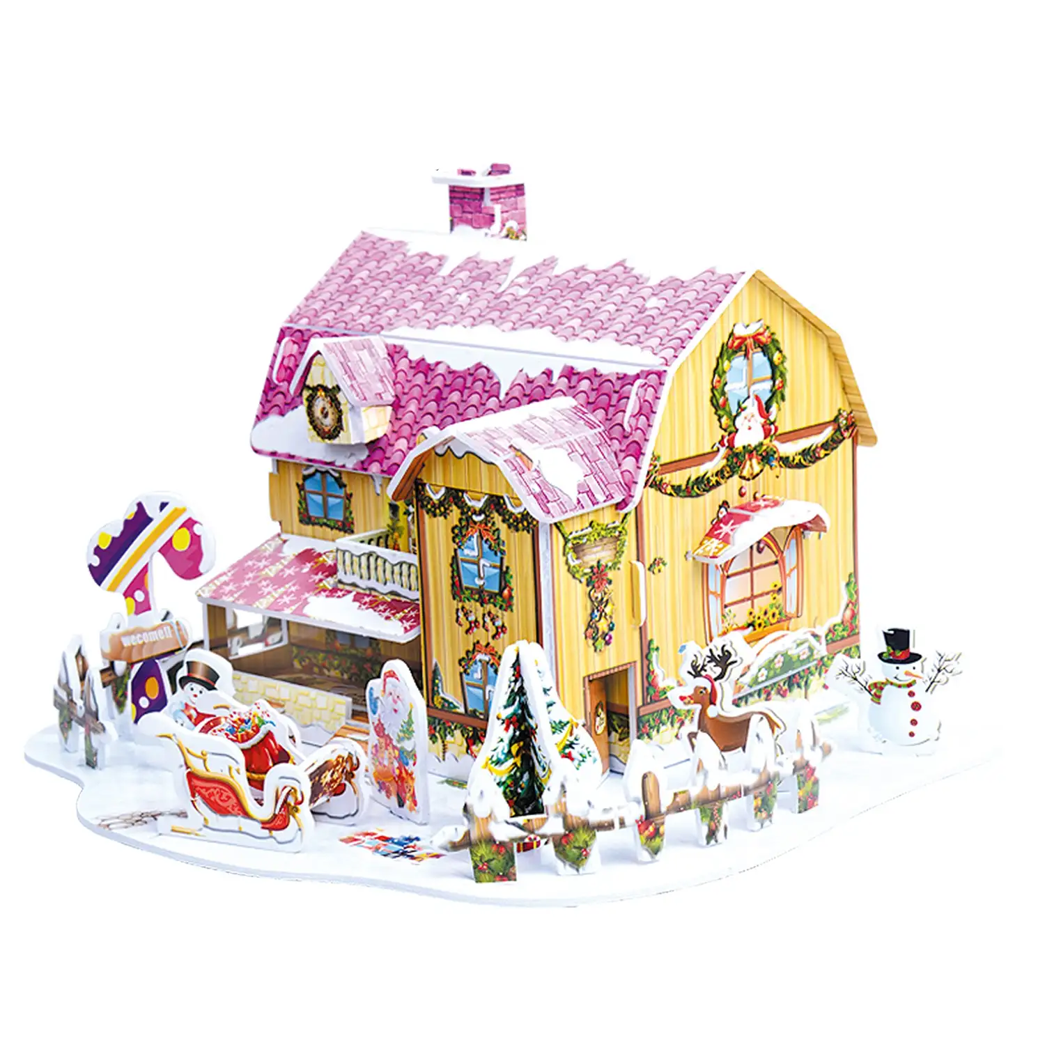 Maqueta 3D de cartón de una Casita Navideña. Diseño rosa. 34 piezas.