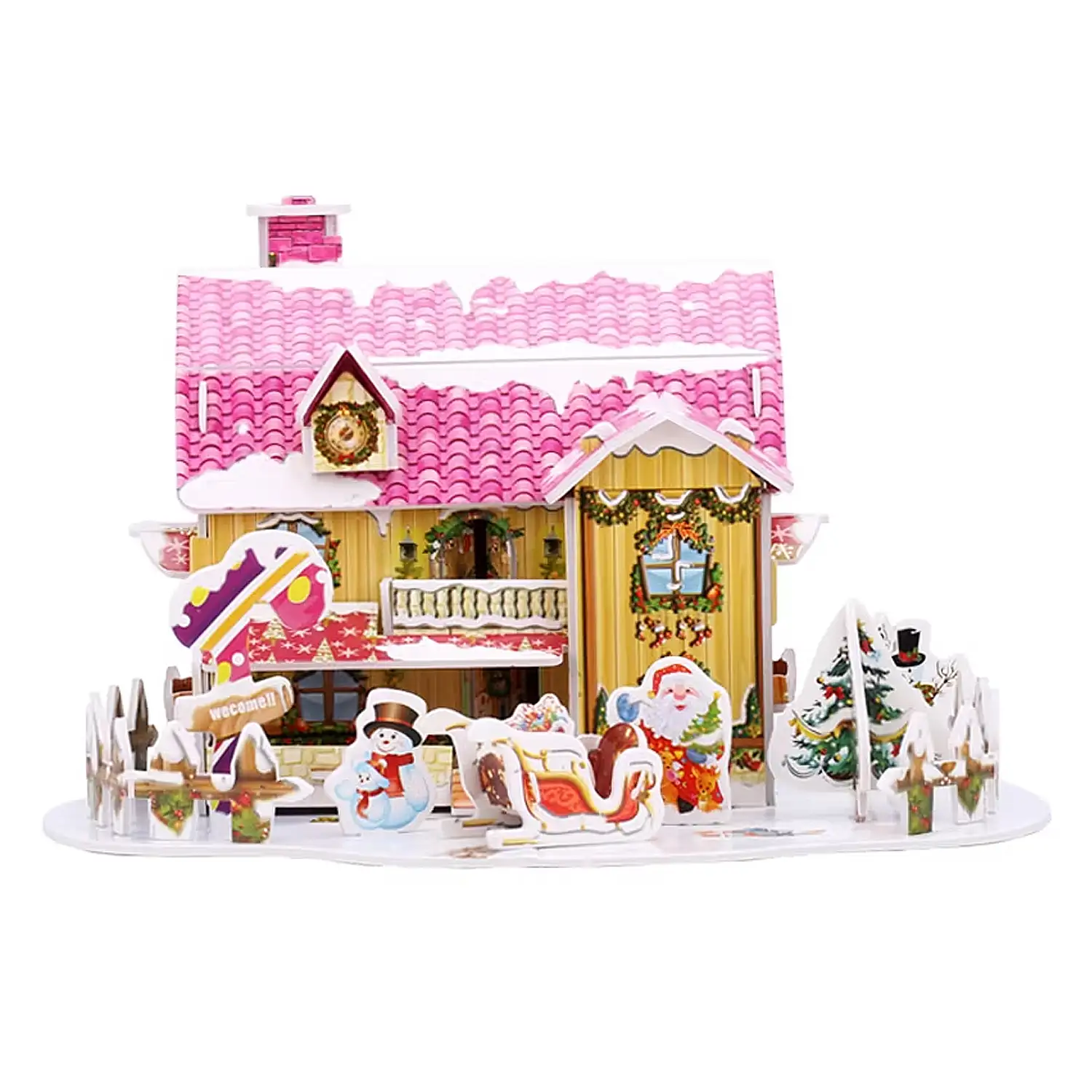 Maqueta 3D de cartón de una Casita Navideña. Diseño rosa. 34 piezas.